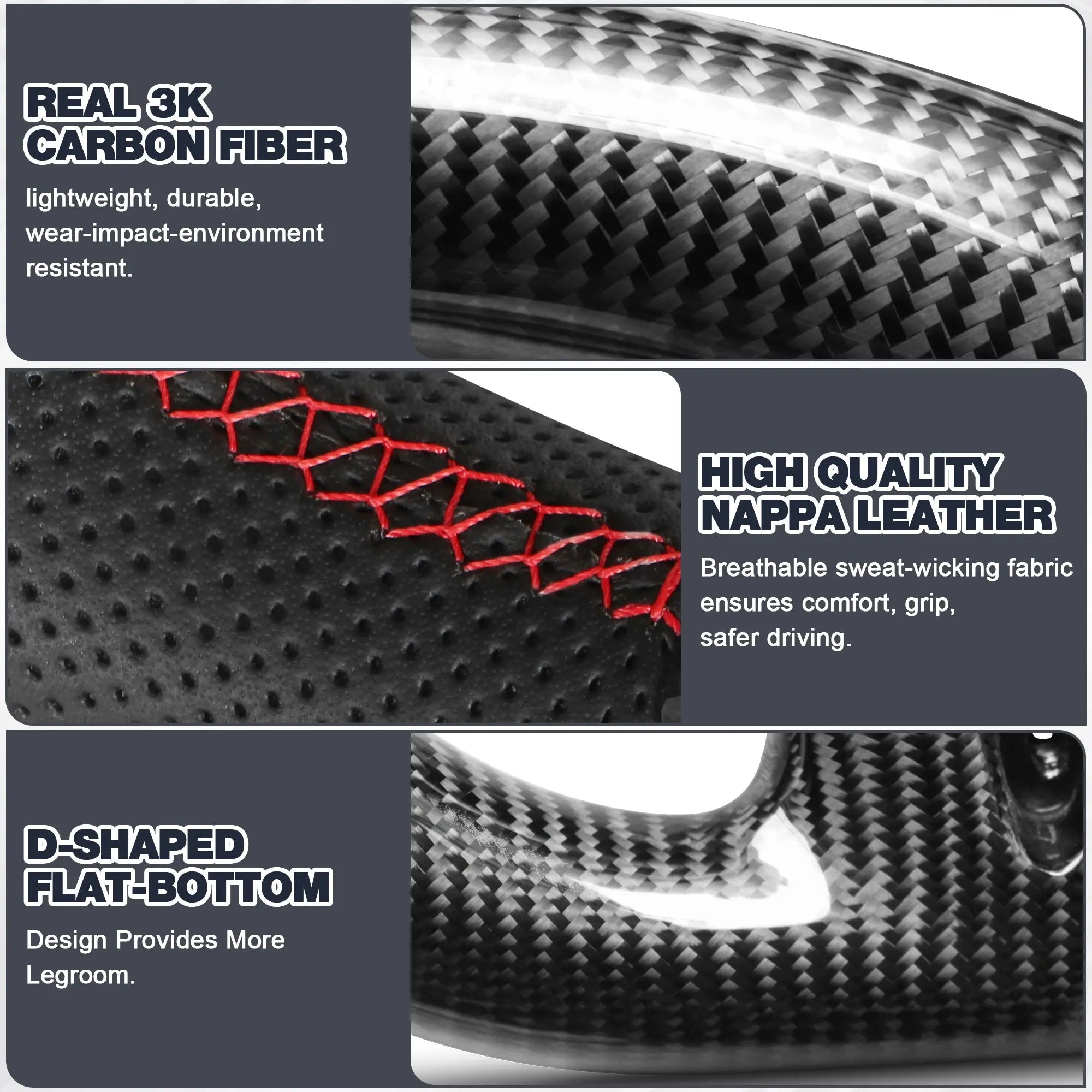 Carbon Fiber Steering Wheel for Infiniti G37 G37X 2007-2013, D-shaped Flat-bottom Nappa Perforated Leather Grip with Replacement Trim(Red Line) POFENZE