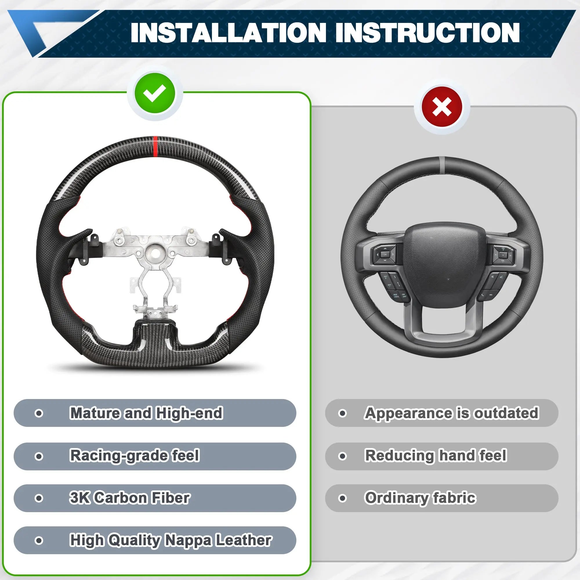 Carbon Fiber Steering Wheel for Infiniti G37 G37X 2007-2013, D-shaped Flat-bottom Nappa Perforated Leather Grip with Replacement Trim(Red Line) POFENZE