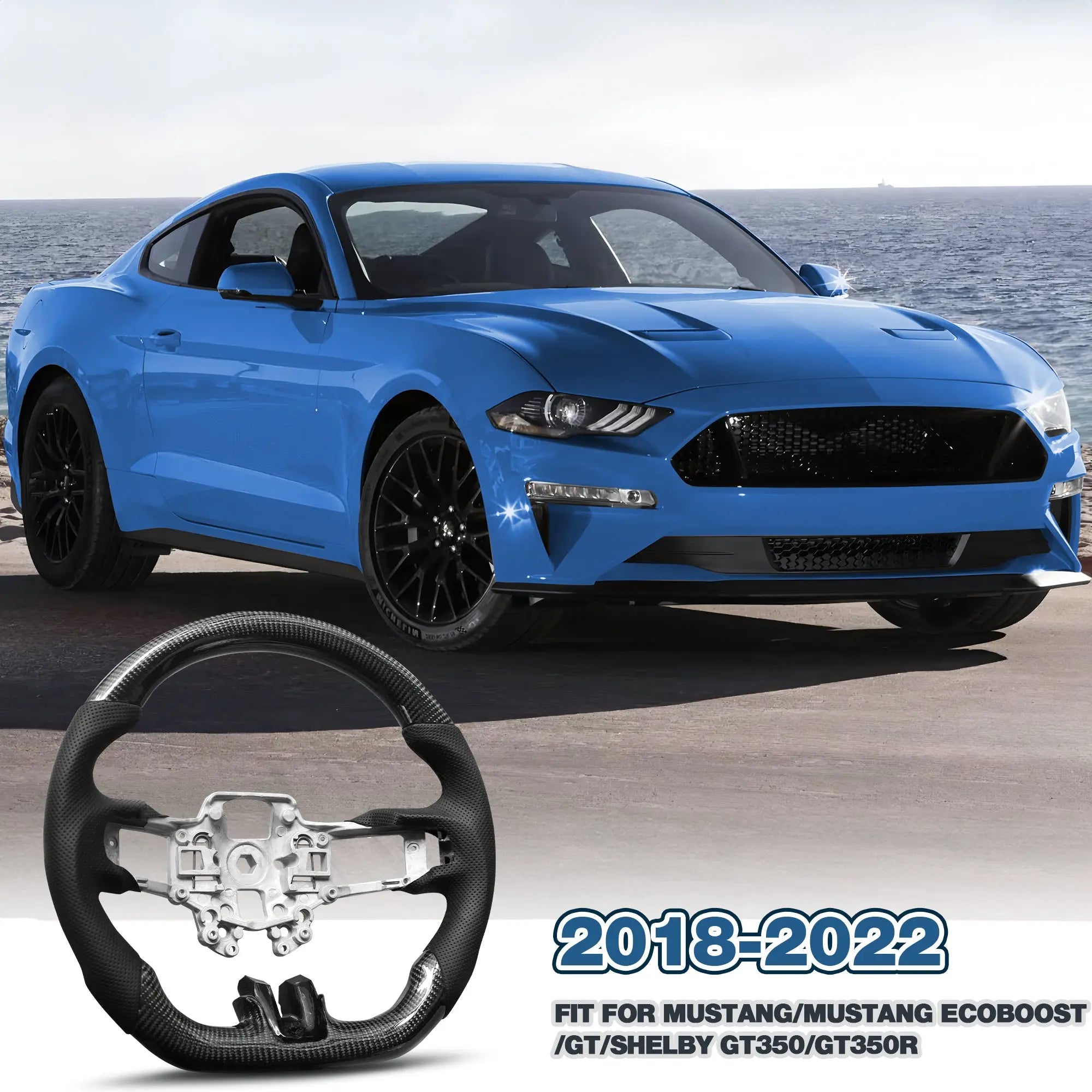 Carbon Fiber Steering Wheel for Mustang 2018-2022 Nappa Perforated Leather with Hand Stitching D-shaped Custom Steering Wheel for Mustang EcoBoost/GT for Shelby GT350/GT350R POFENZE