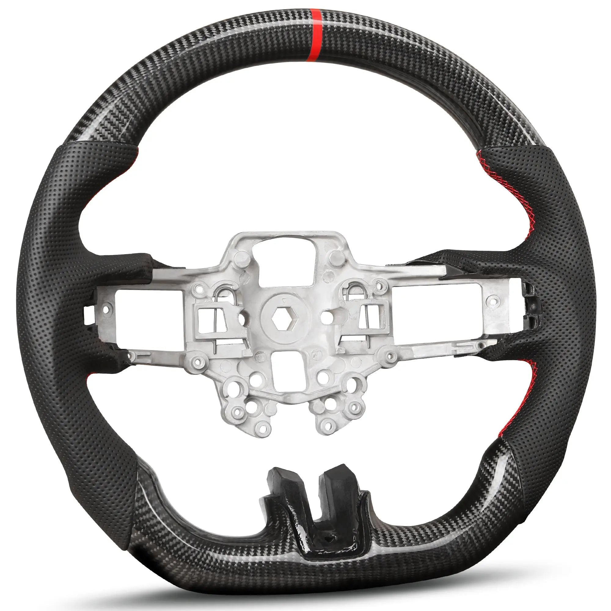 Carbon Fiber Steering Wheel for Mustang 2018-2022 Nappa Perforated Leather with Hand Stitching D-shaped Custom Steering Wheel for Mustang EcoBoost/GT for Shelby GT350/GT350R(Red Line) POFENZE