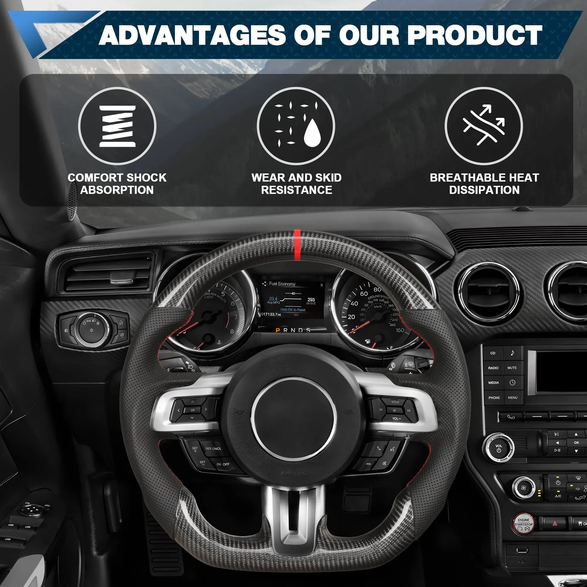 Carbon Fiber Steering Wheel for Mustang EcoBoost/GT/V6/Shelby GT350/GT350R 2015-2017 D-shaped Nappa Perforated Leather Flat-bottom Custom Steering Wheel(Red Line) POFENZE