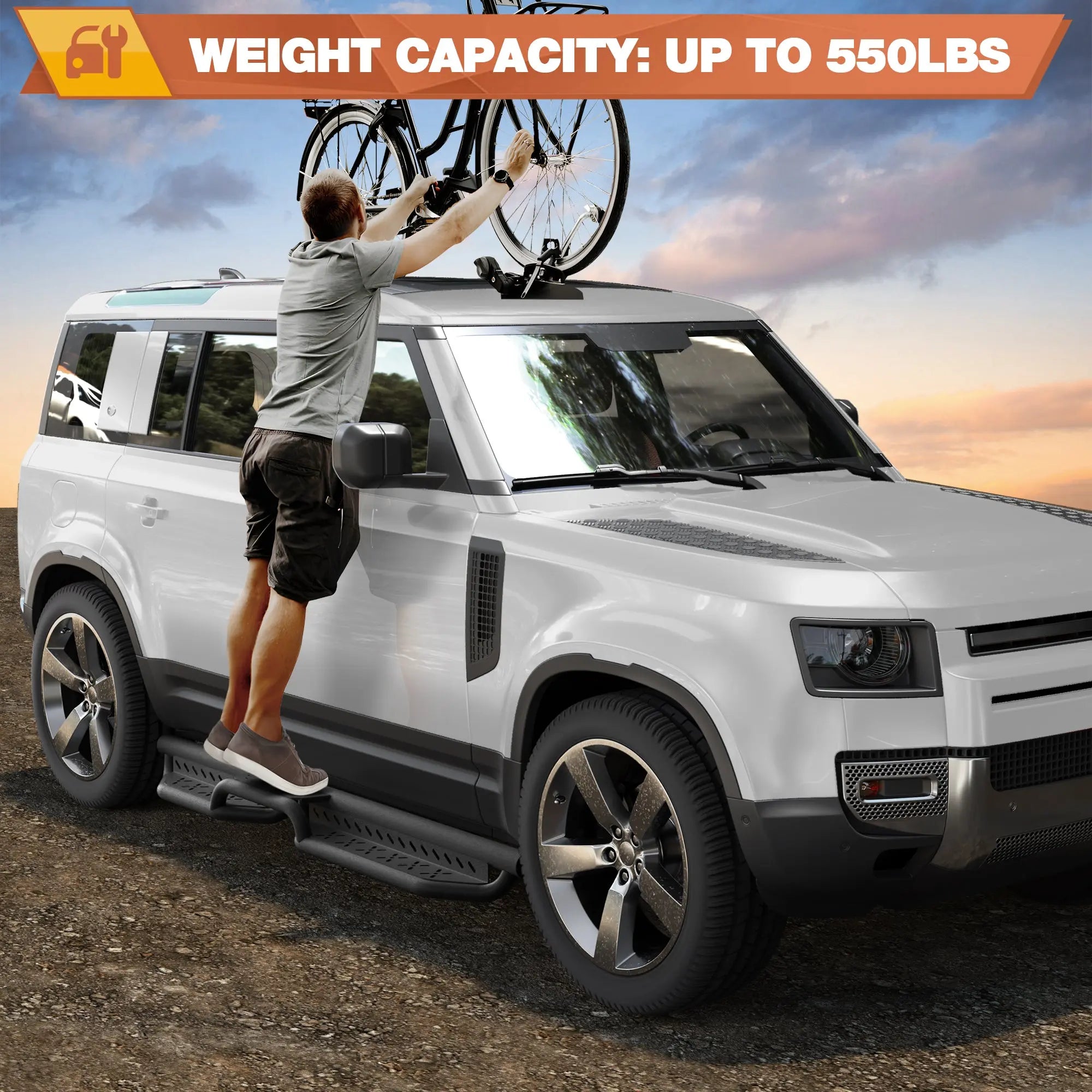 Defender Running Boards Two Raised Side Step Compatible for 2020-2025 Defender 110, 2 Stairs Step Rails Powder Coated Black Carbon Steel Nerf Bars POFENZE