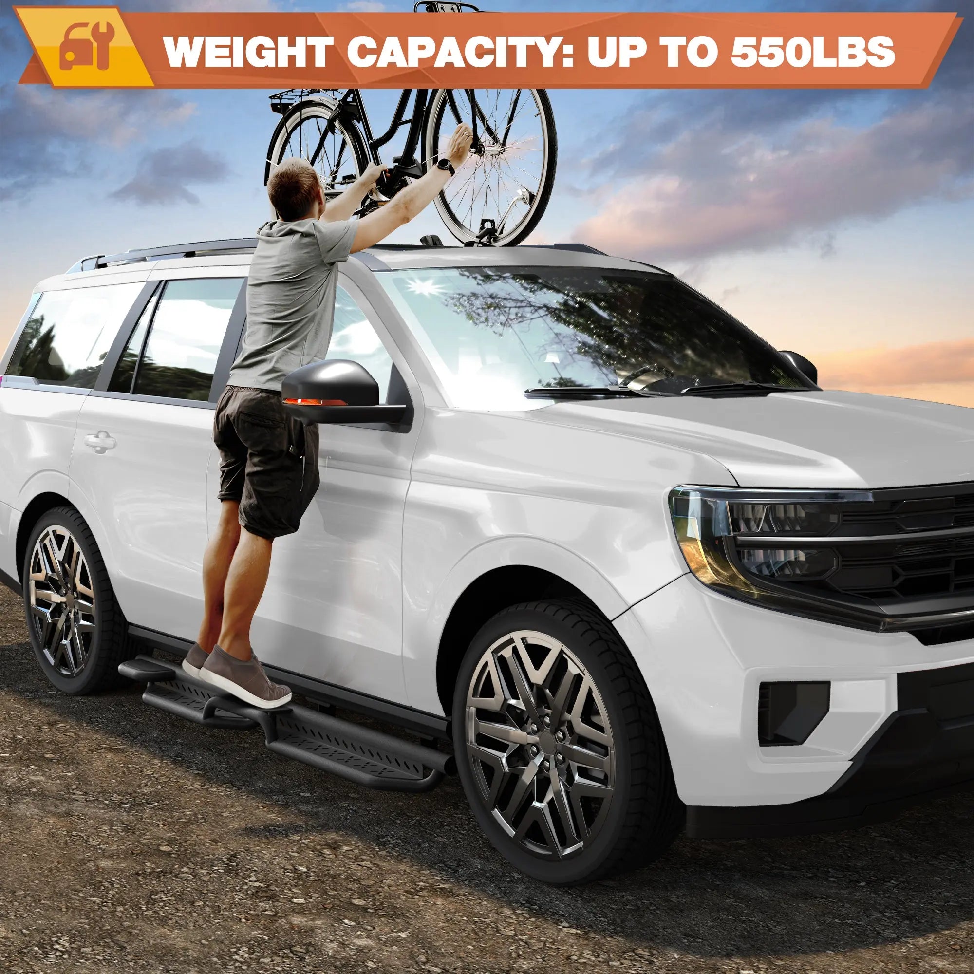 Expedition Running Boards Two Raised Side Step Compatible for 2018-2025 Ford Expedition, 2 Stairs Step Rails Coated Black Carbon Steel Nerf Bars POFENZE