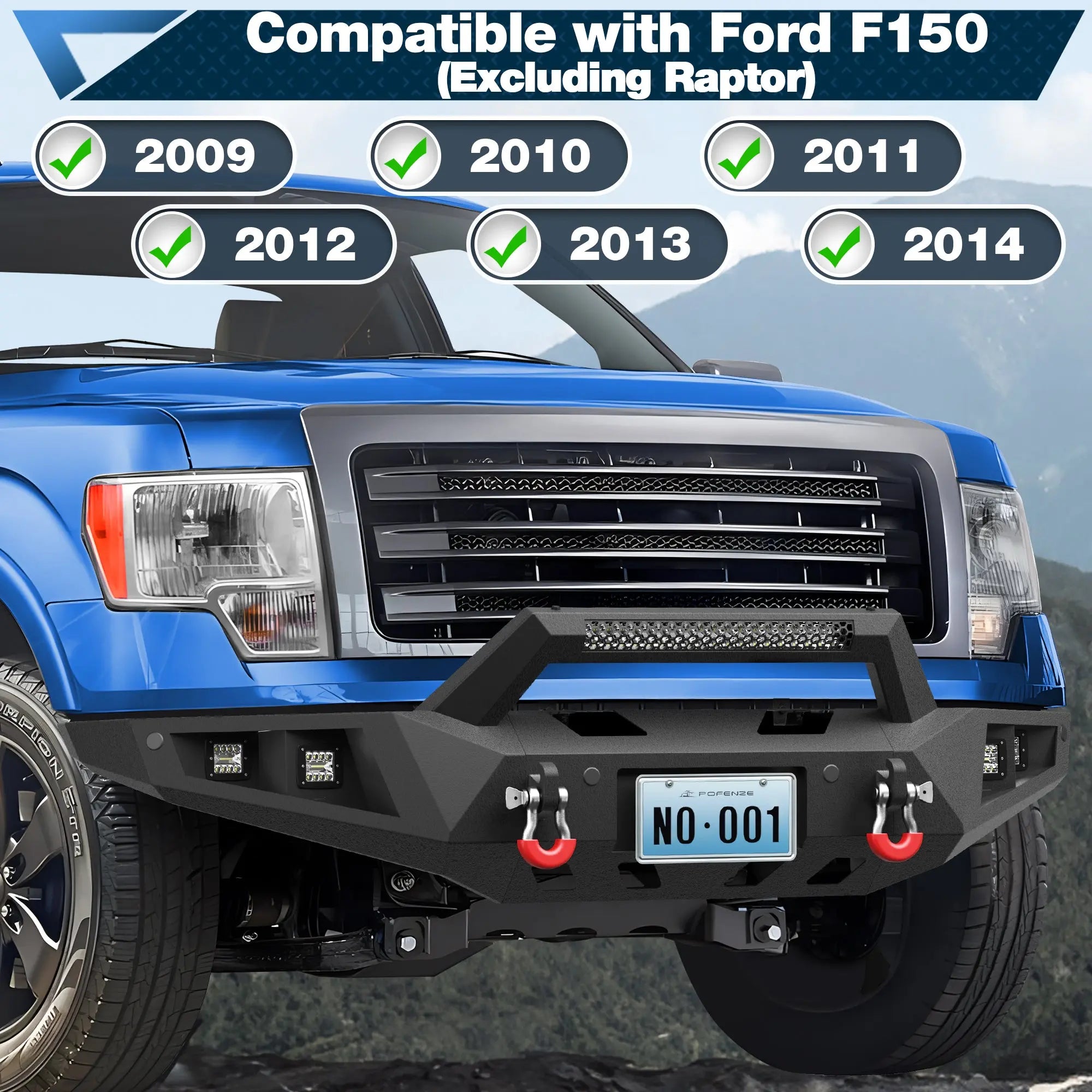 F150 Front Bumper for 2009-2014 Ford F150 Pickup, w/Winch Plate, LED Lights, D-rings and License Plate Bracket (Excluding Raptor) POFENZE