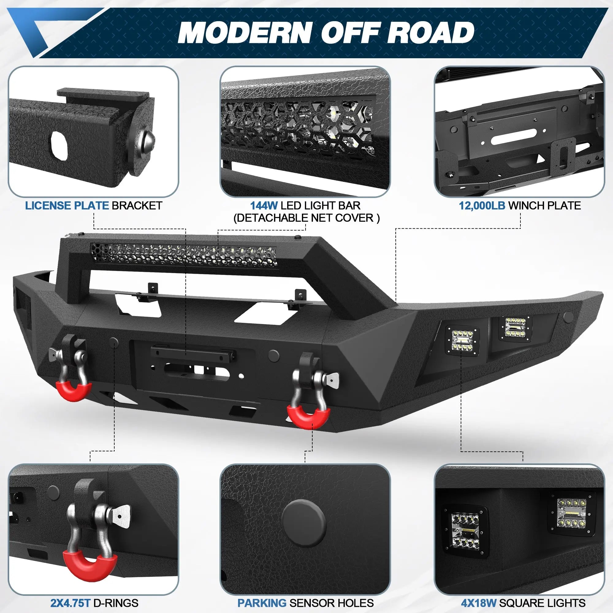 F150 Front Bumper for 2009-2014 Ford F150 Pickup, w/Winch Plate, LED Lights, D-rings and License Plate Bracket (Excluding Raptor) POFENZE