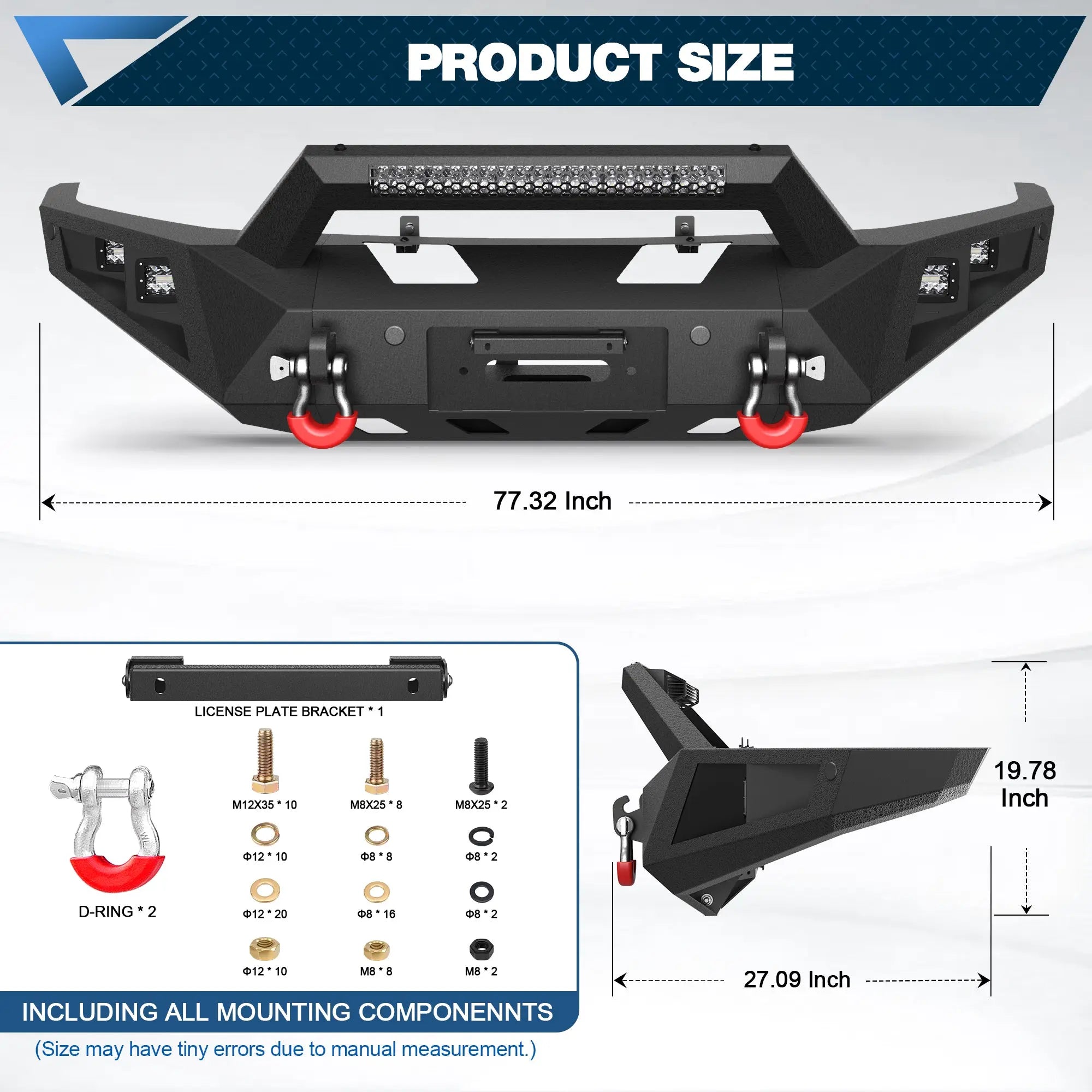 F150 Front Bumper for 2009-2014 Ford F150 Pickup, w/Winch Plate, LED Lights, D-rings and License Plate Bracket (Excluding Raptor) POFENZE