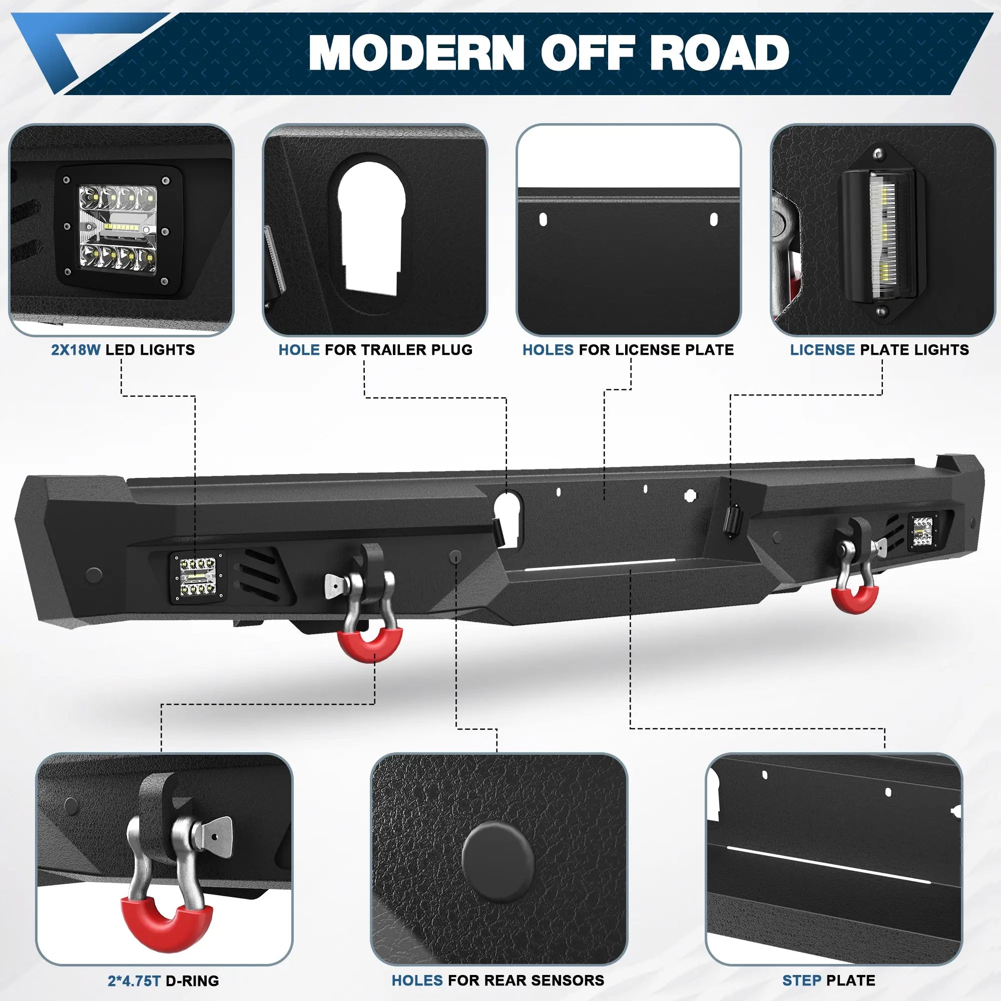 F150 Rear Bumper for 2015-2023 Ford F150 Pickup, w/Step Plate, Fog Lights, License Plate Lights and D-rings (Excluding Raptor & Ecoboost) POFENZE