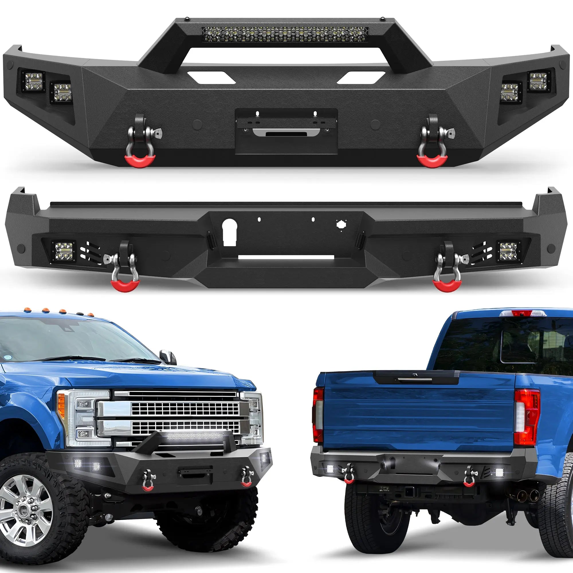 F250 Bumper Front and Rear Bumpers Compatible with 2017-2022 Ford F250 F350 F450 Super Duty with Winch Plate, LED Lights POFENZE 