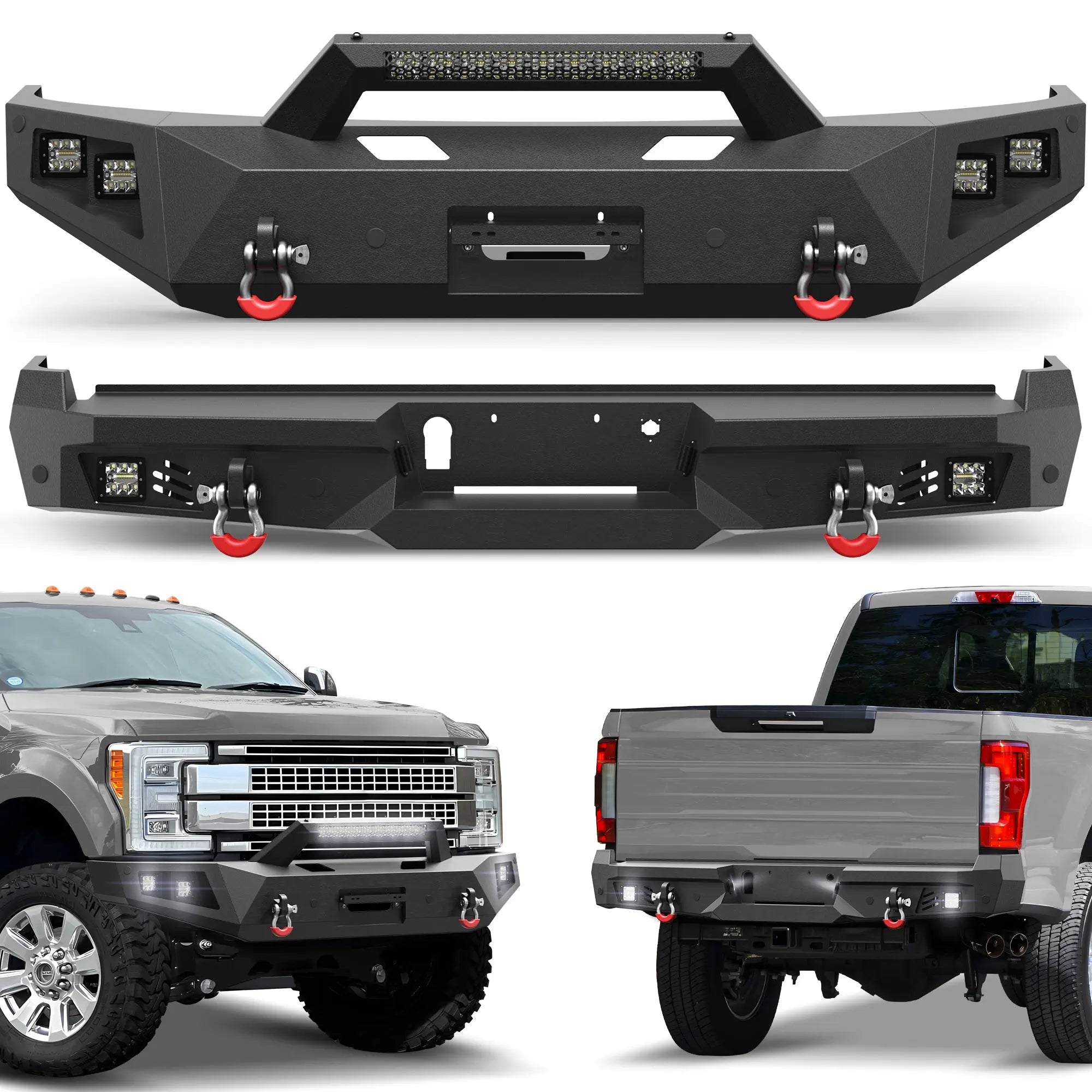 F250 Bumper Front and Rear Bumpers Compatible with 2017-2022 Ford F250 F350 F450 Super Duty with Winch Plate, LED Lights POFENZE 