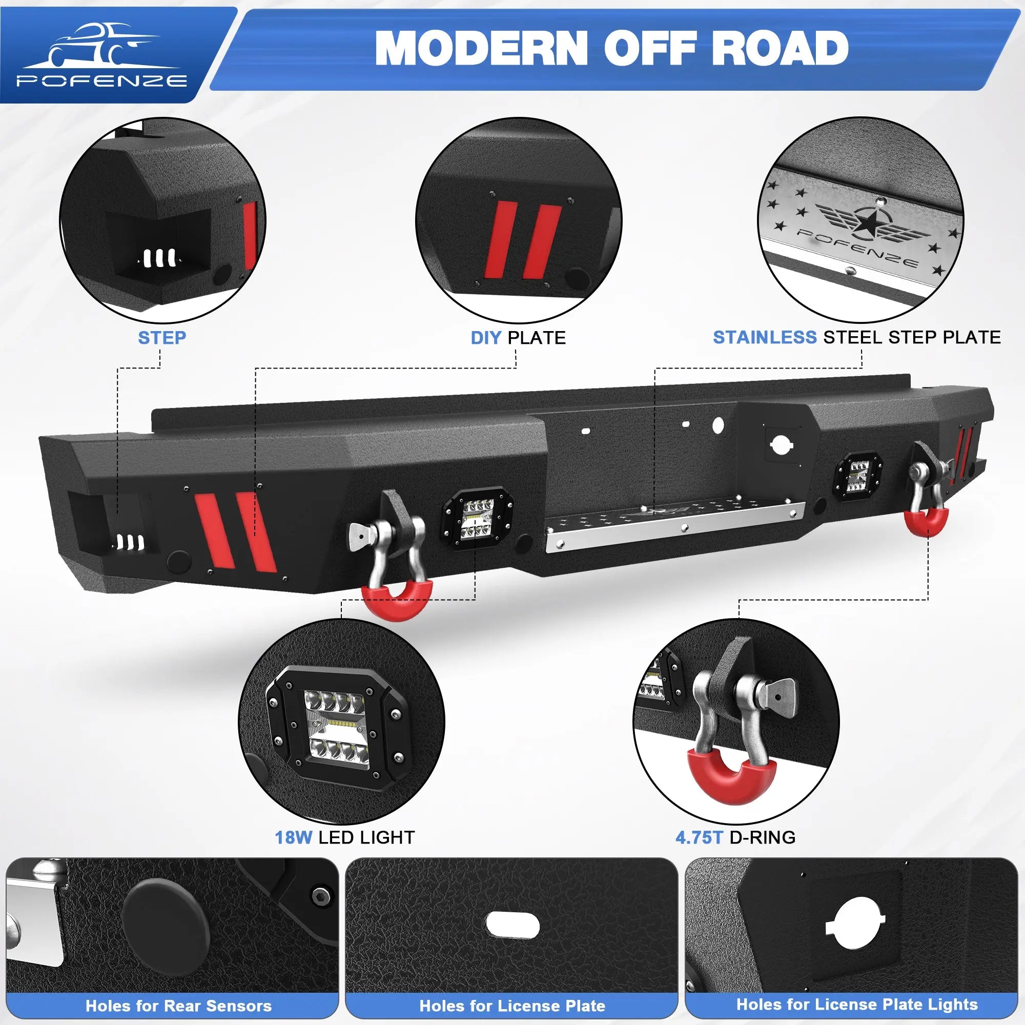 F250 Rear Bumper Full Width for 1999-2016 Ford F250/F350/F450, w/Step Plate, Fog Lights, D-rings and Sensor Holes POFENZE