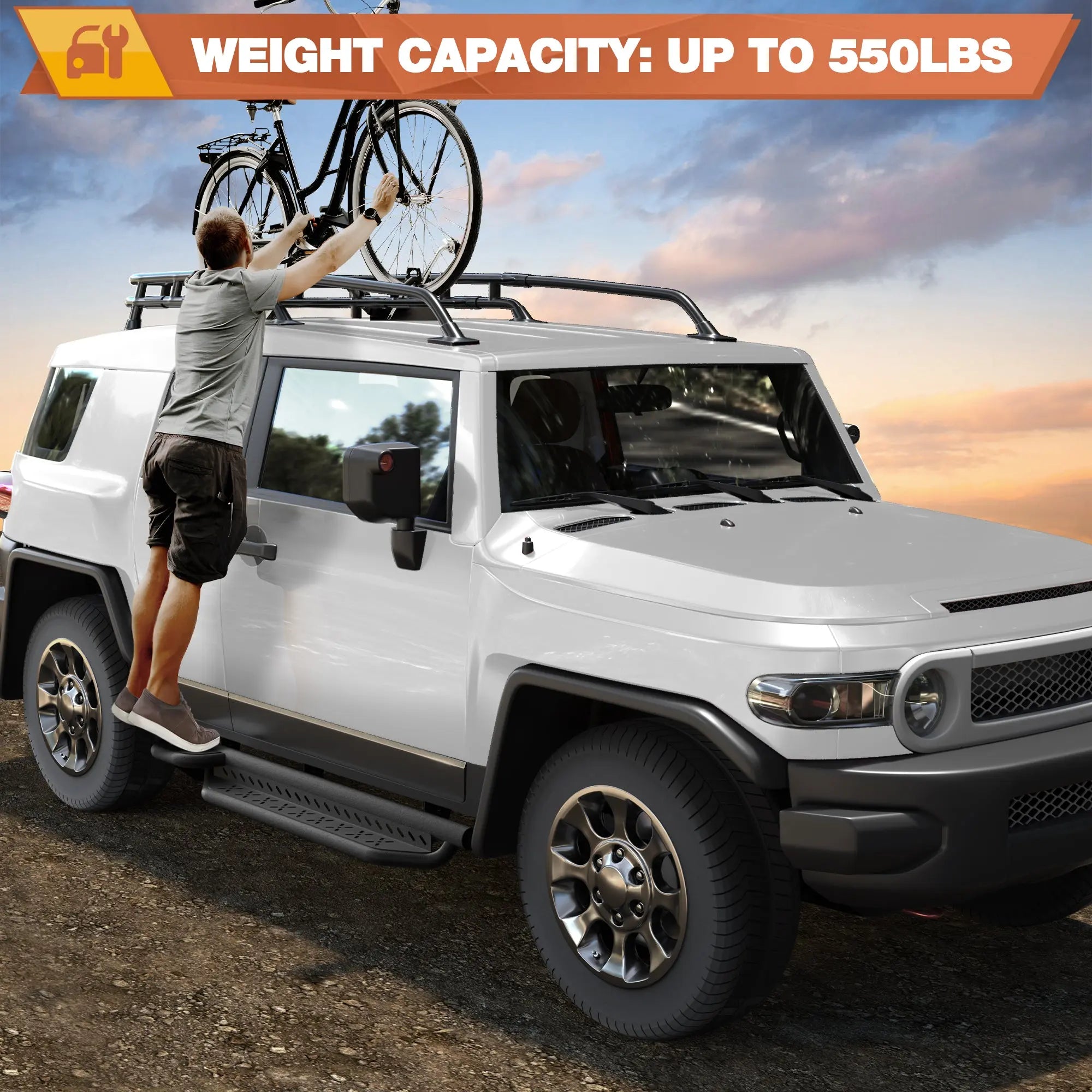 FJ Curiser Running Boards Two Raised Side Step Compatible for Toyota FJ Curiser SUV 2007-2014, 2 Stairs Step Rails Powder Coated Black Carbon Steel Nerf Bars POFENZE