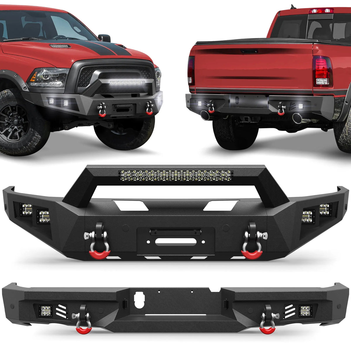 Fits 2015-2016-2017-2018 Ram 1500 Rebel Bumper Combo Steel Front and Rear Bumper w/Winch Plate LED Lights - POFENZE