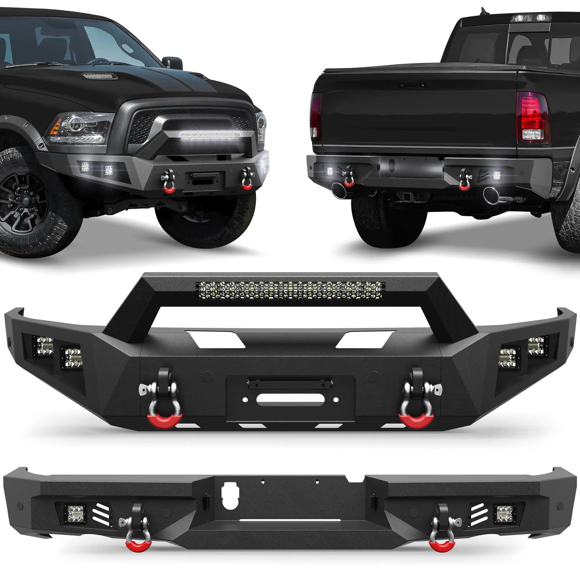 Fits 2015-2016-2017-2018 Ram 1500 Rebel Bumper Combo Steel Front and Rear Bumper w/Winch Plate LED Lights - POFENZE