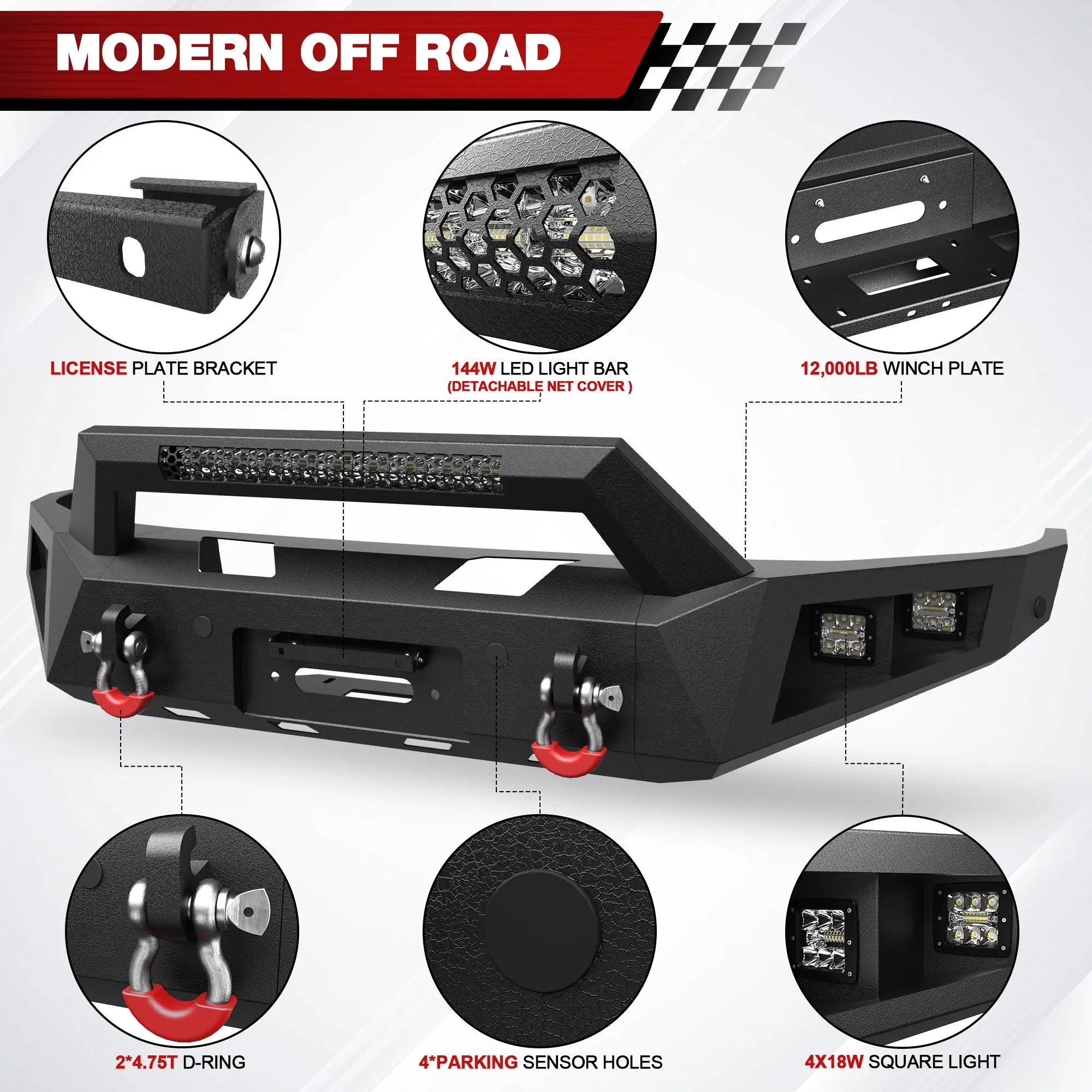 Fits 2015-2016-2017-2018 Ram 1500 Rebel Bumper Combo Steel Front and Rear Bumper w/Winch Plate LED Lights - POFENZE