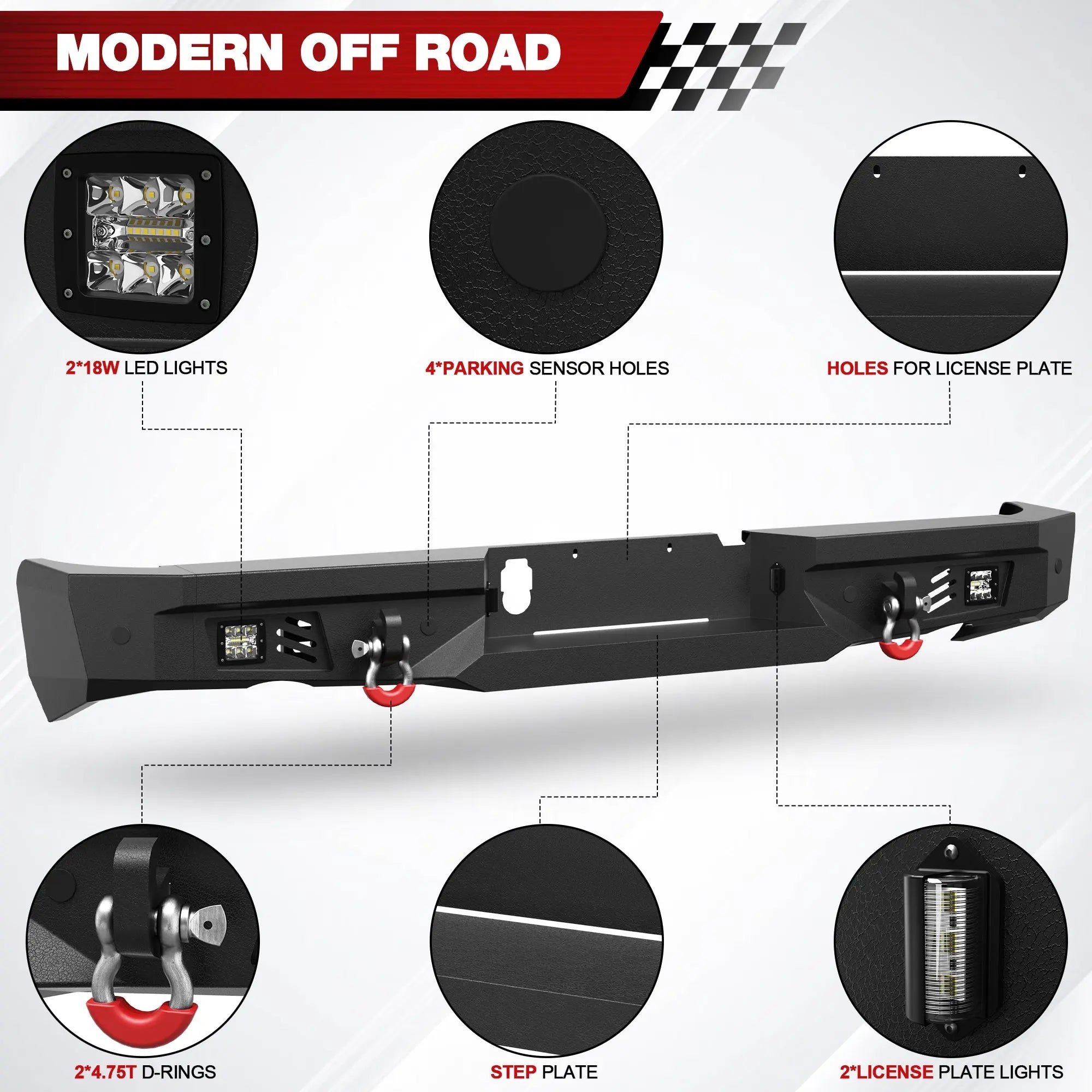 Fits 2015-2016-2017-2018 Ram 1500 Rebel Bumper Combo Steel Front and Rear Bumper w/Winch Plate LED Lights - POFENZE