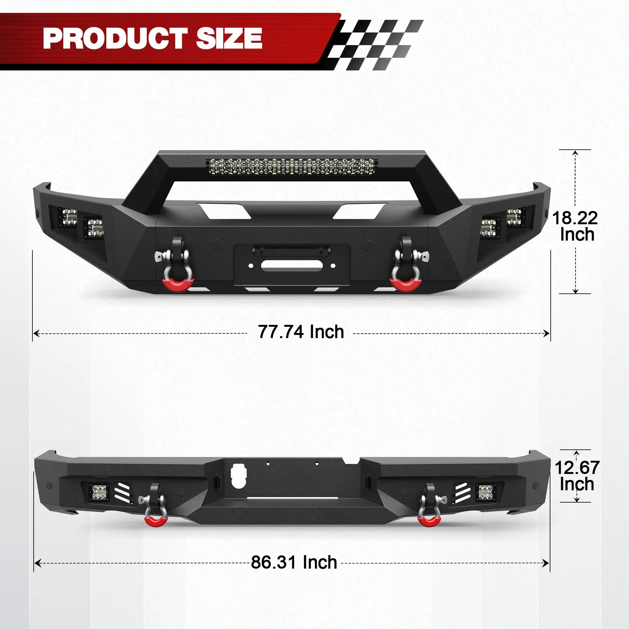 Fits 2015-2016-2017-2018 Ram 1500 Rebel Bumper Combo Steel Front and Rear Bumper w/Winch Plate LED Lights - POFENZE