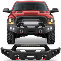 Fits 2015-2016-2017-2018 Ram 1500 Rebel Front Bumper Steel Bumper w/Winch Plate LED Lights - POFENZE