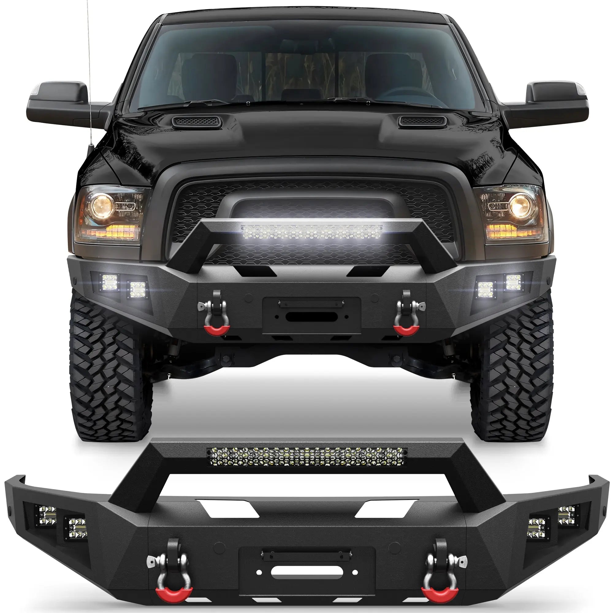 Fits 2015-2016-2017-2018 Ram 1500 Rebel Front Bumper Steel Bumper w/Winch Plate LED Lights - POFENZE
