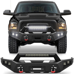 Fits 2015-2016-2017-2018 Ram 1500 Rebel Front Bumper Steel Bumper w/Winch Plate LED Lights - POFENZE