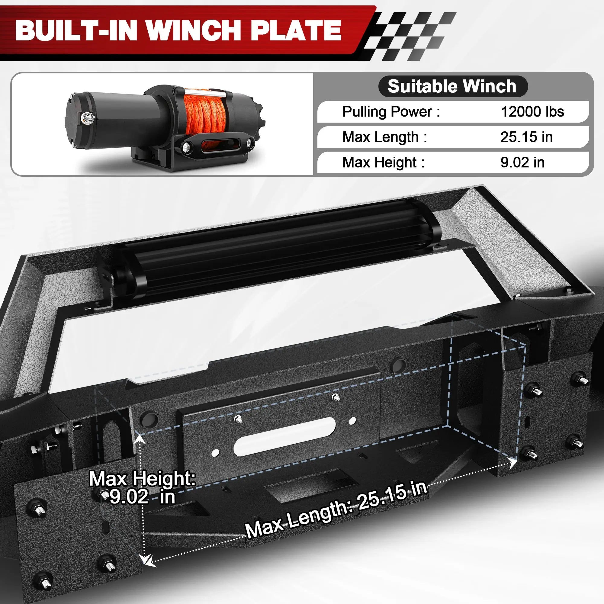 Fits 2015-2016-2017-2018 Ram 1500 Rebel Front Bumper Steel Bumper w/Winch Plate LED Lights - POFENZE