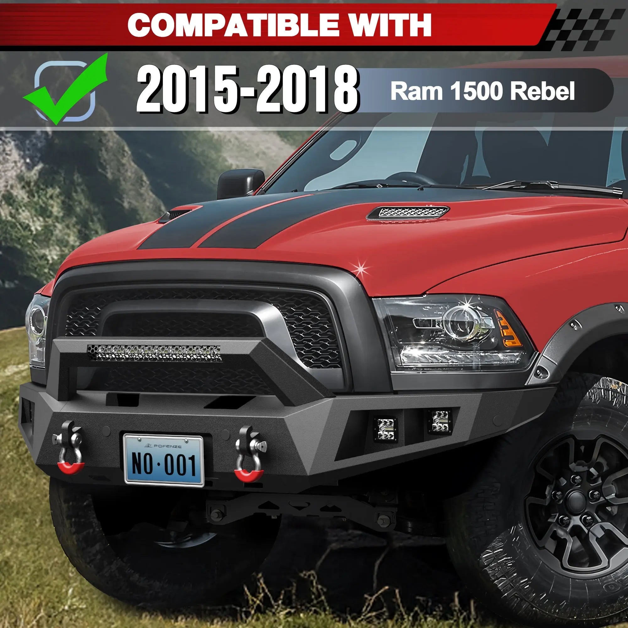 Fits 2015-2016-2017-2018 Ram 1500 Rebel Front Bumper Steel Bumper w/Winch Plate LED Lights - POFENZE