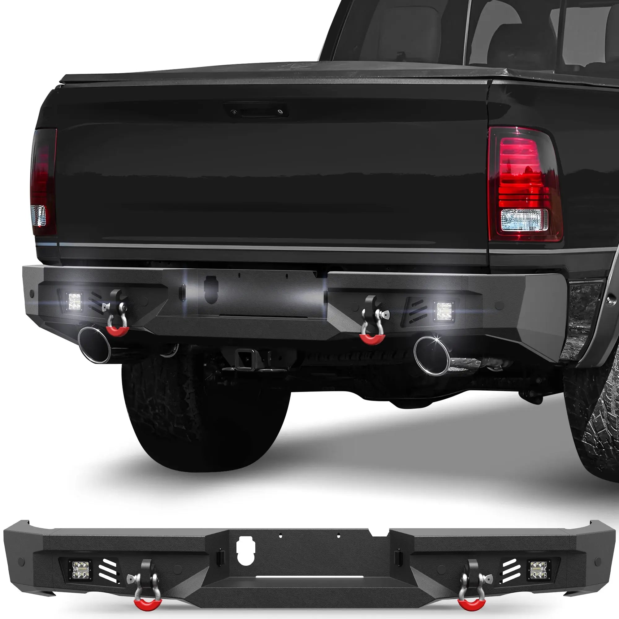 Fits 2015-2016-2017-2018 Ram 1500 Rebel Rear Bumper Steel Bumper w/Winch Plate LED Lights - POFENZE