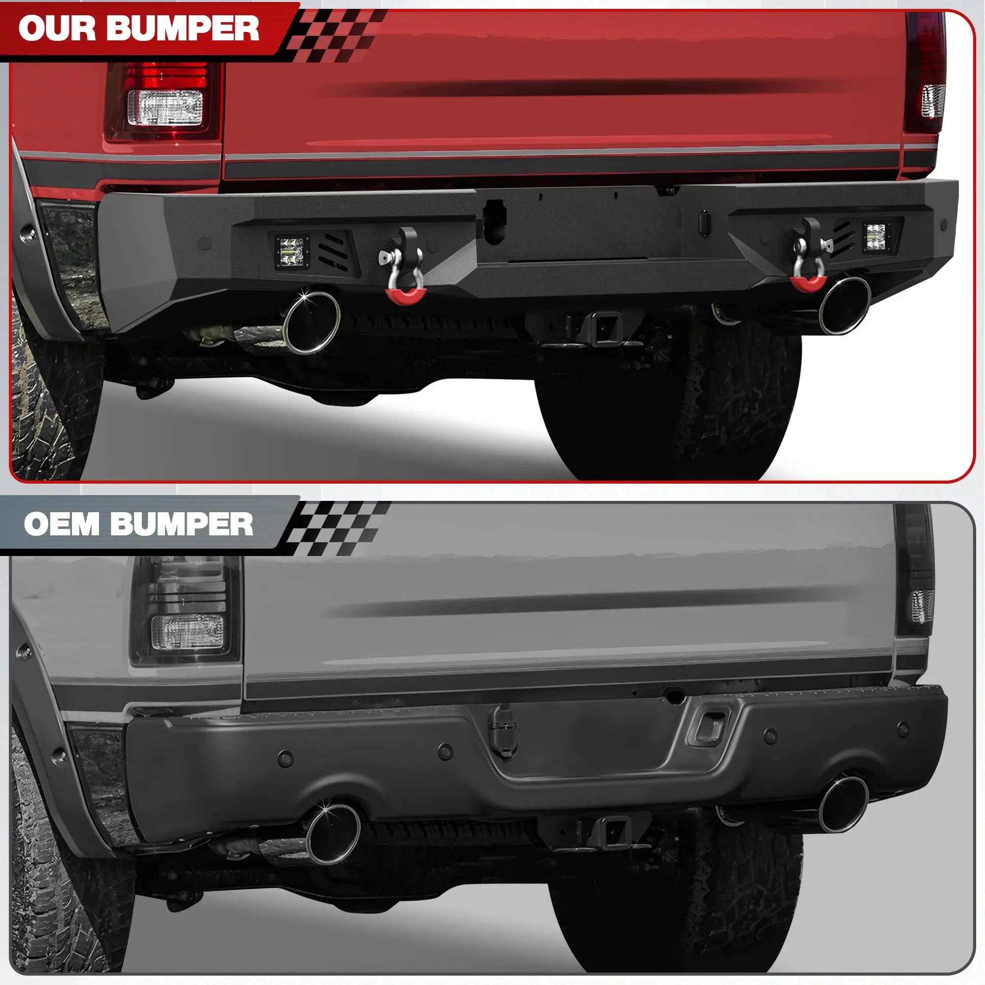 Fits 2015-2016-2017-2018 Ram 1500 Rebel Rear Bumper Steel Bumper w/Winch Plate LED Lights - POFENZE