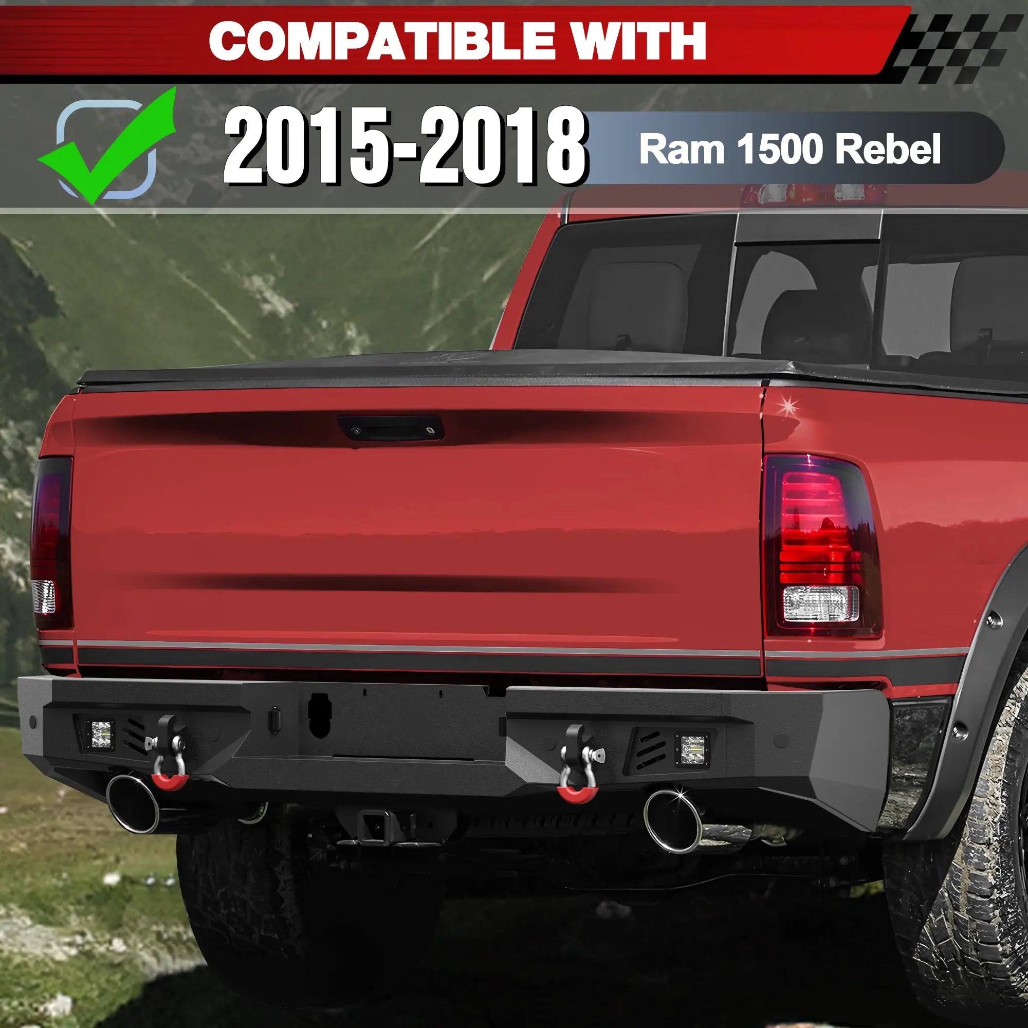Fits 2015-2016-2017-2018 Ram 1500 Rebel Rear Bumper Steel Bumper w/Winch Plate LED Lights - POFENZE