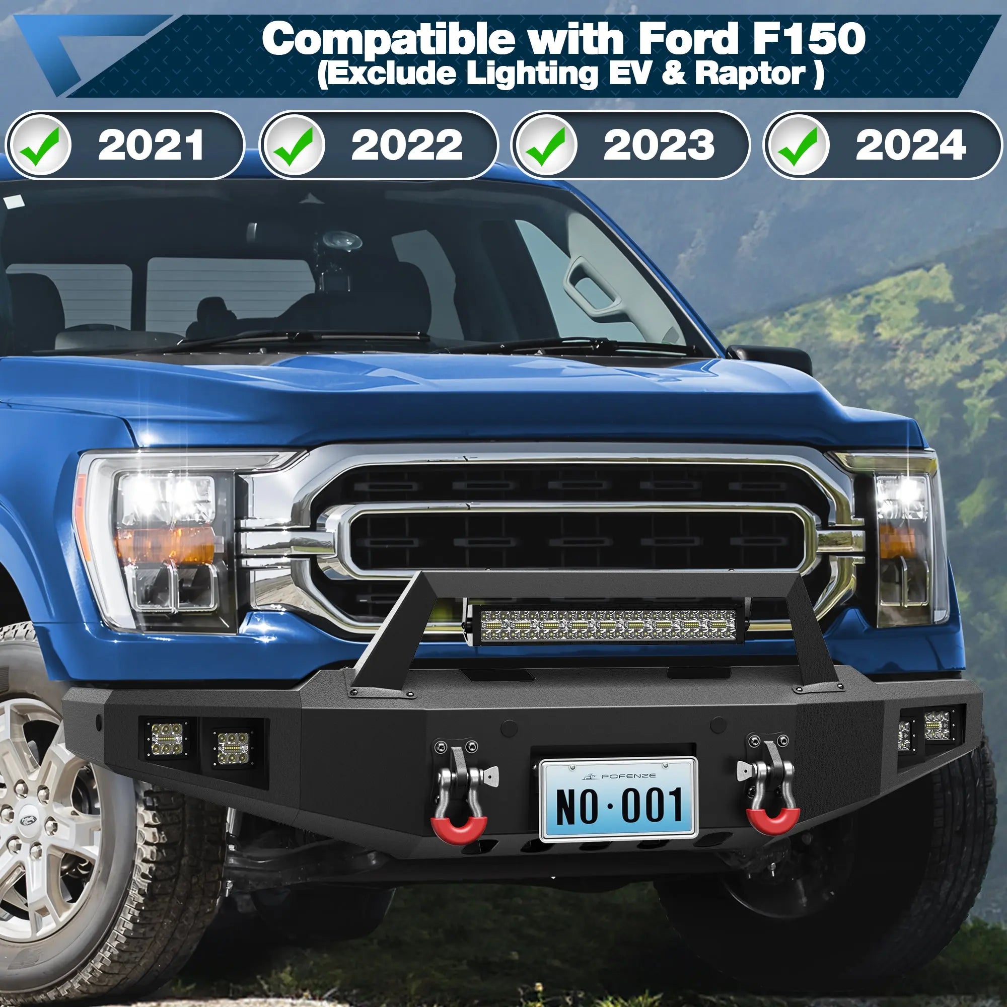 Fits 2021-2024 Ford F150 Front Bumper Winch Front Bumper Textured Black Off Road Bumper with Light Bar POFENZE
