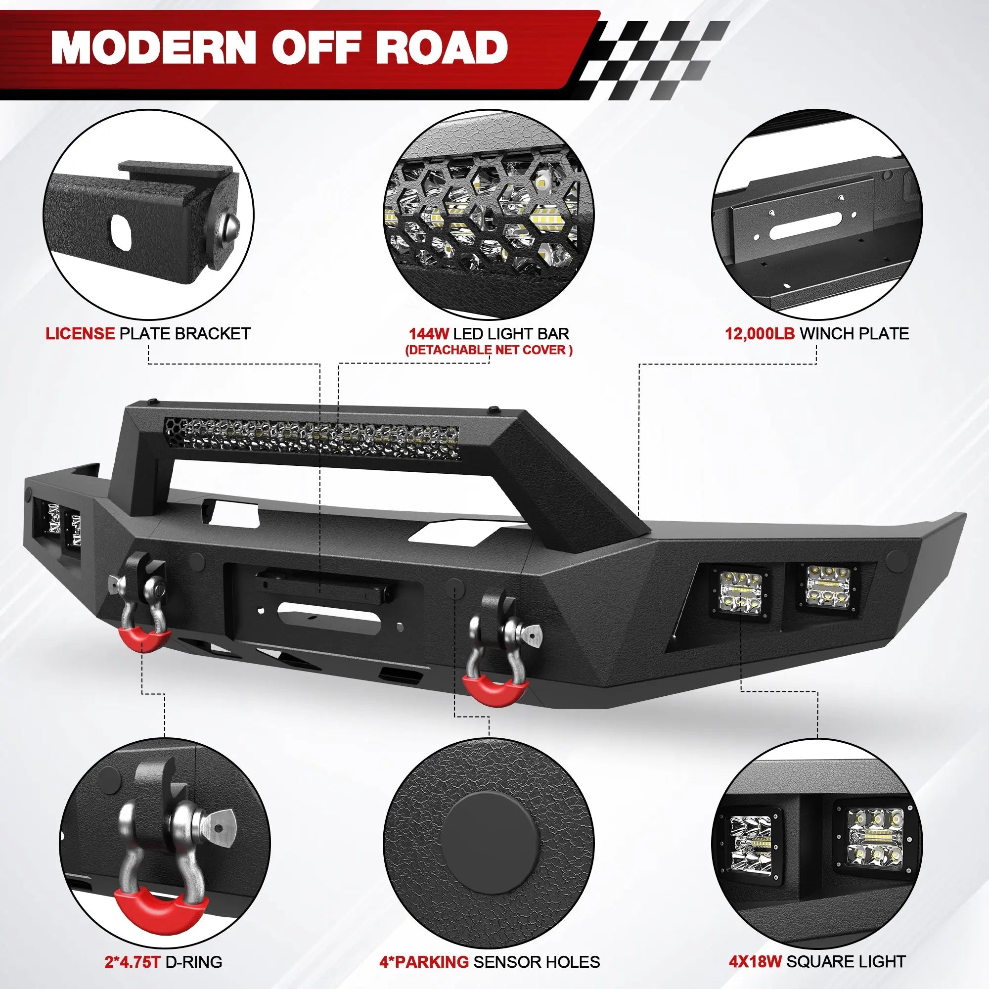 For 1992-1993-1994-1995-1996-1997-1998-1999 Chevy Suburban Tahoe & GMC Yukon Bumper Combo Steel Offroad Front and Rear Bumper with Winch Plate and Lights - POFENZE