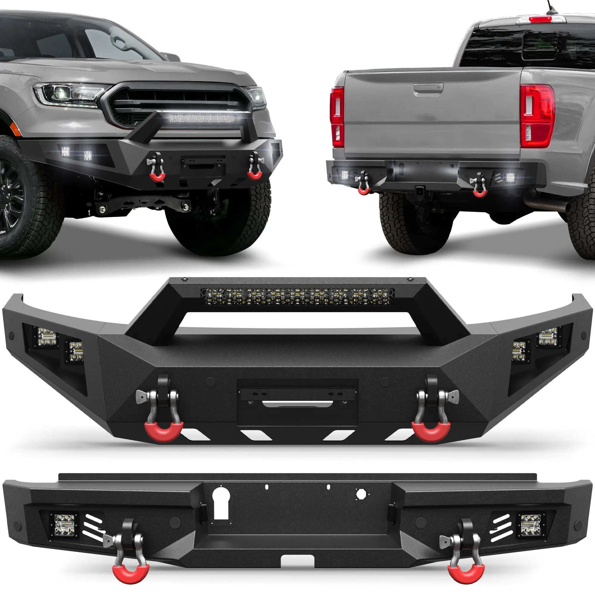 For 2019-2023 Ford Ranger Front and Rear Bumper Set Off Road Steel Bumper w/Winch Plate and Lights POFENZE
