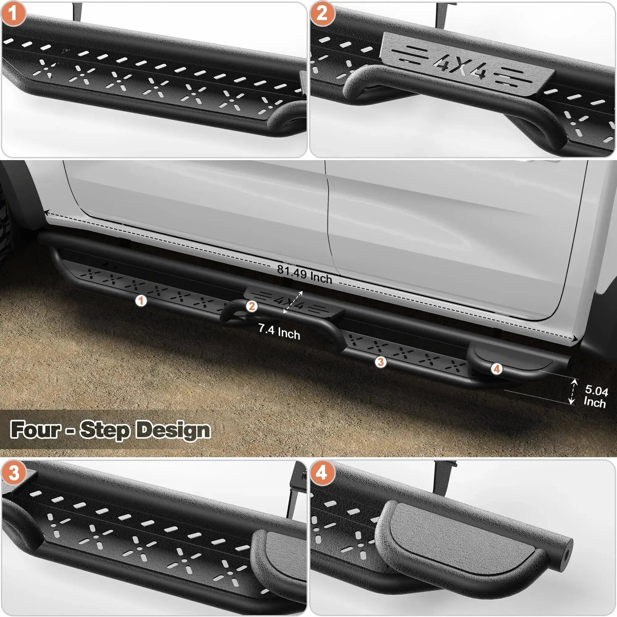 Ranger Running Boards Two Raised Side Step Ford Ranger 2019-2026 SuperCrew(4 Door), 2 Stairs Step Rails Powder Coated Black Carbon Steel Nerf Bars POFENZE