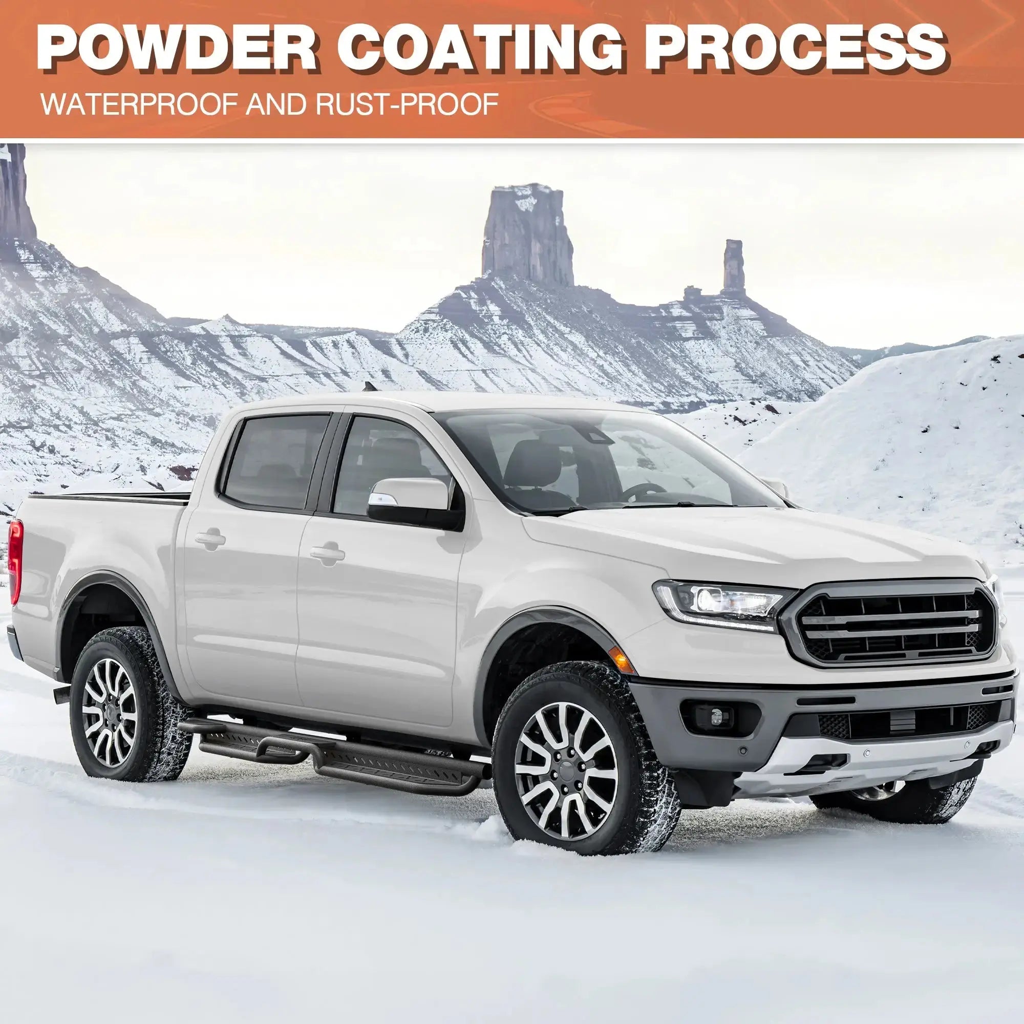 Ranger Running Boards Two Raised Side Step Ford Ranger 2019-2026 SuperCrew(4 Door), 2 Stairs Step Rails Powder Coated Black Carbon Steel Nerf Bars POFENZE