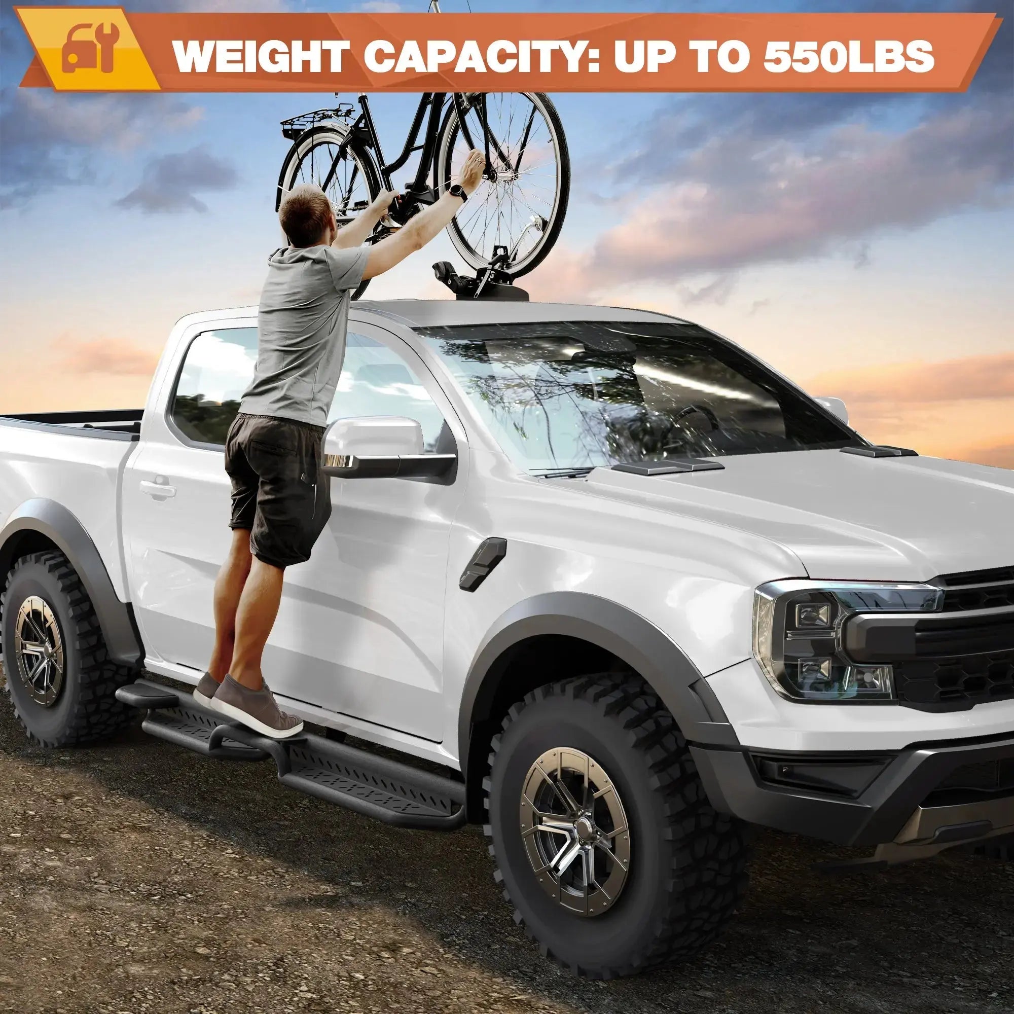 Ranger Running Boards Two Raised Side Step Ford Ranger 2019-2026 SuperCrew(4 Door), 2 Stairs Step Rails Powder Coated Black Carbon Steel Nerf Bars POFENZE