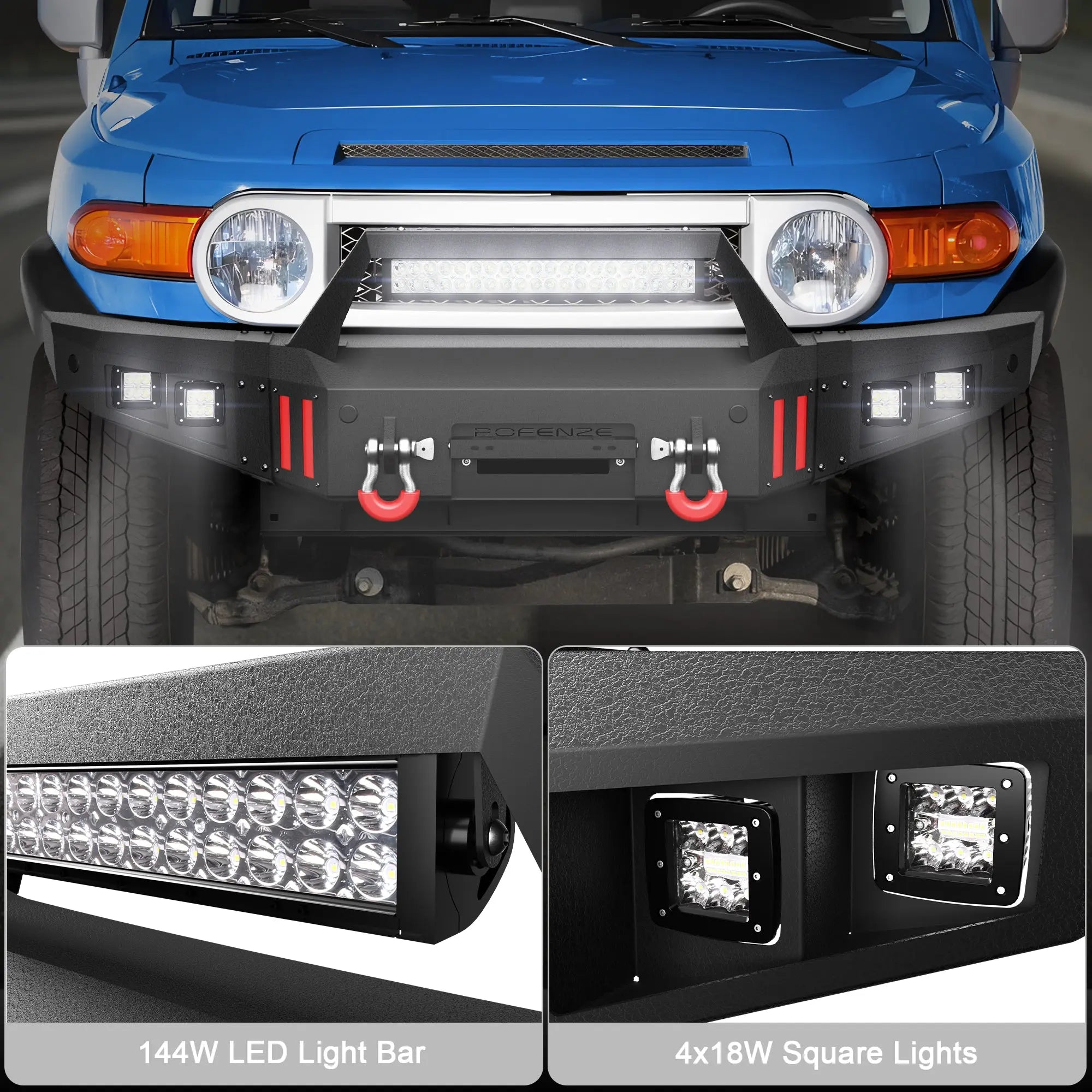 Front Bumper Compatible with 2007-2014 1st Gen Toyota FJ Cruiser Rock Crawler Bumper Equipped with Winch Plate, 1 x 144W LED Long Light Bar, 4 x 18W LED Lights, D-rings & License Plate Bracket POFENZE