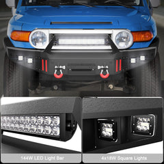 Front Bumper Compatible with 2007-2014 1st Gen Toyota FJ Cruiser Rock Crawler Bumper Equipped with Winch Plate, 1 x 144W LED Long Light Bar, 4 x 18W LED Lights, D-rings & License Plate Bracket POFENZE