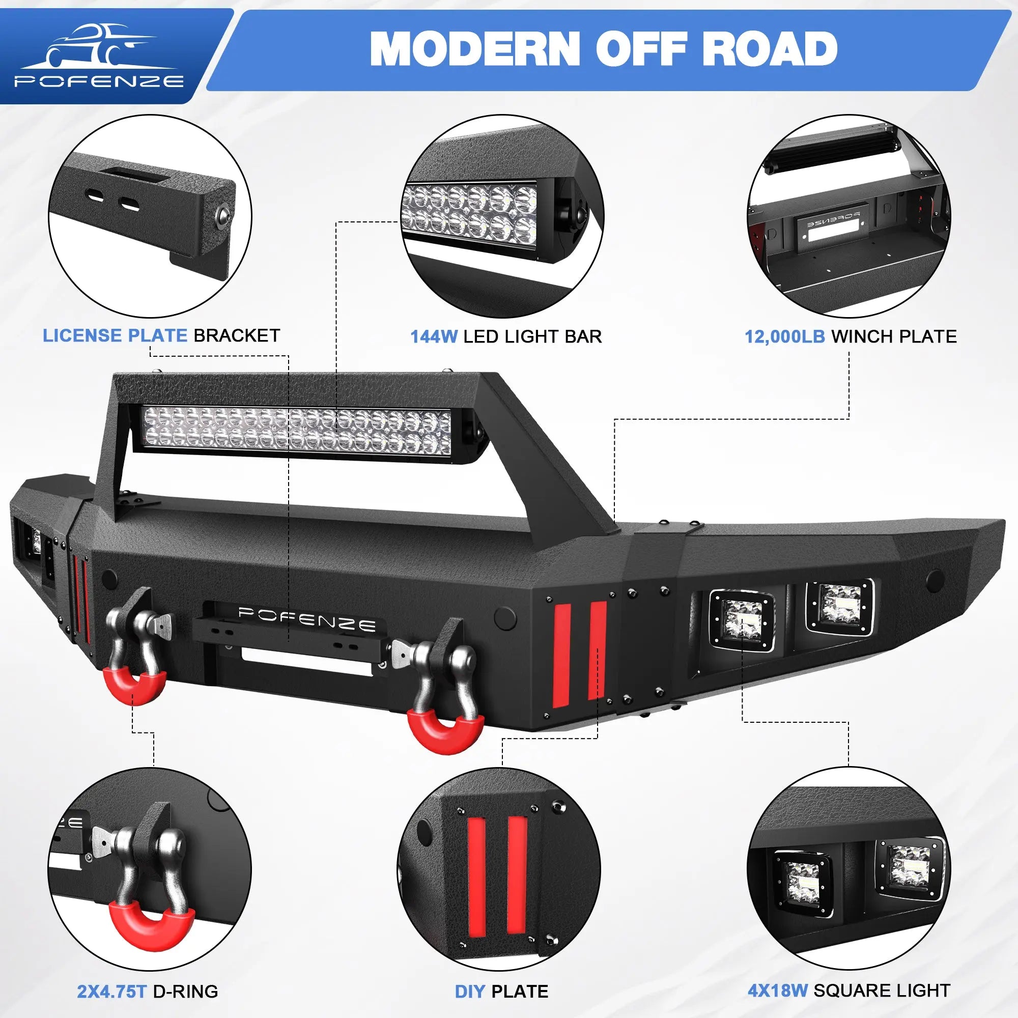 Front Bumper Compatible with 2007-2014 1st Gen Toyota FJ Cruiser Rock Crawler Bumper Equipped with Winch Plate, 1 x 144W LED Long Light Bar, 4 x 18W LED Lights, D-rings & License Plate Bracket POFENZE