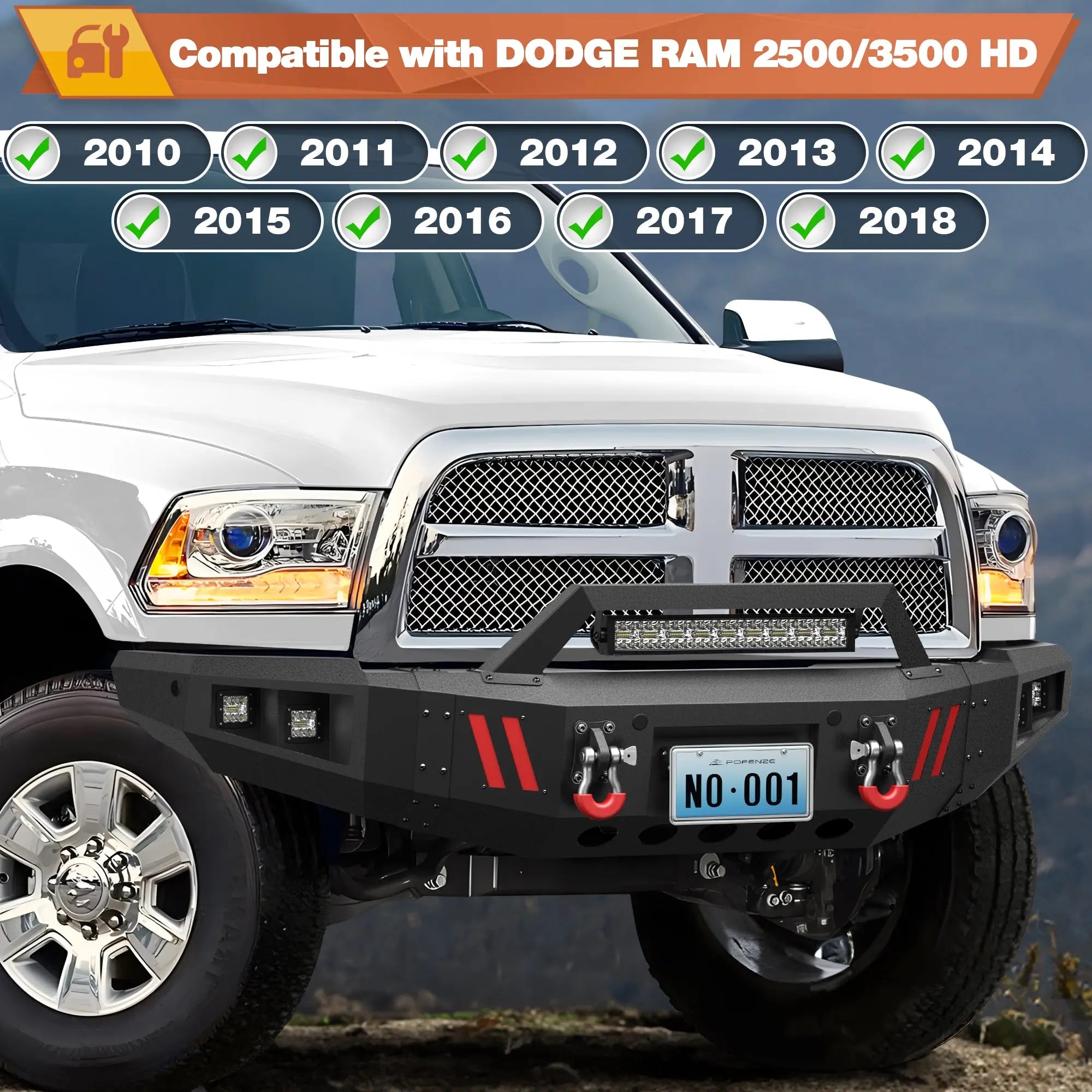 Front Bumper Compatible with Dodge Ram 2500 3500 2010-2018, Textured Black Pickup Truck Bumper for Dodge Ram 2500/3500 2010-2018, with Winch Plate, Lights and D-rings POFENZE