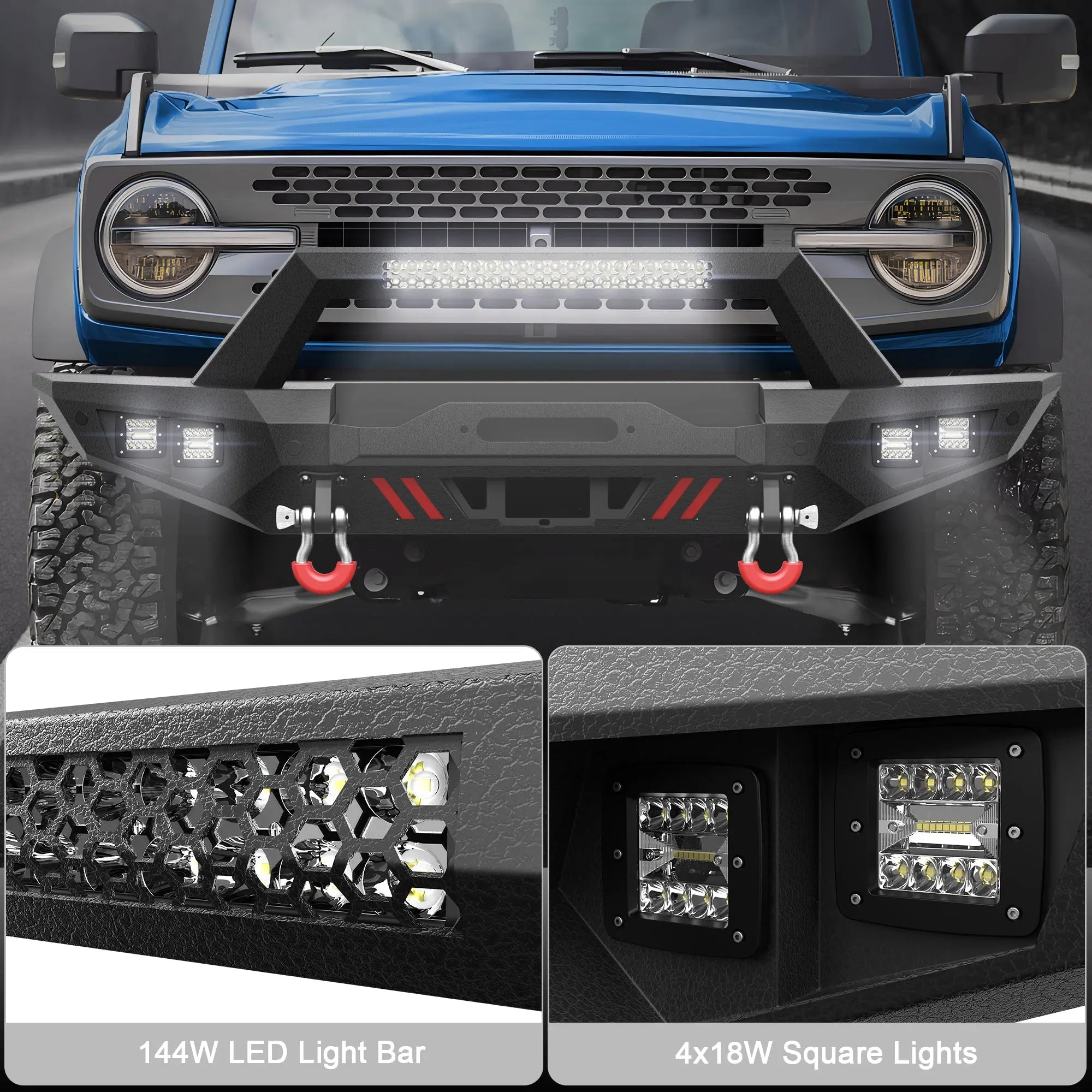 Front Bumper Compatible with Ford Bronco 2021-2024, Textured Black Pickup Truck Bumper for 2021-2024 Ford Bronco, with Winch Plate, Lights & D-rings (Excluding Bronco Sport or Raptor) POFENZE