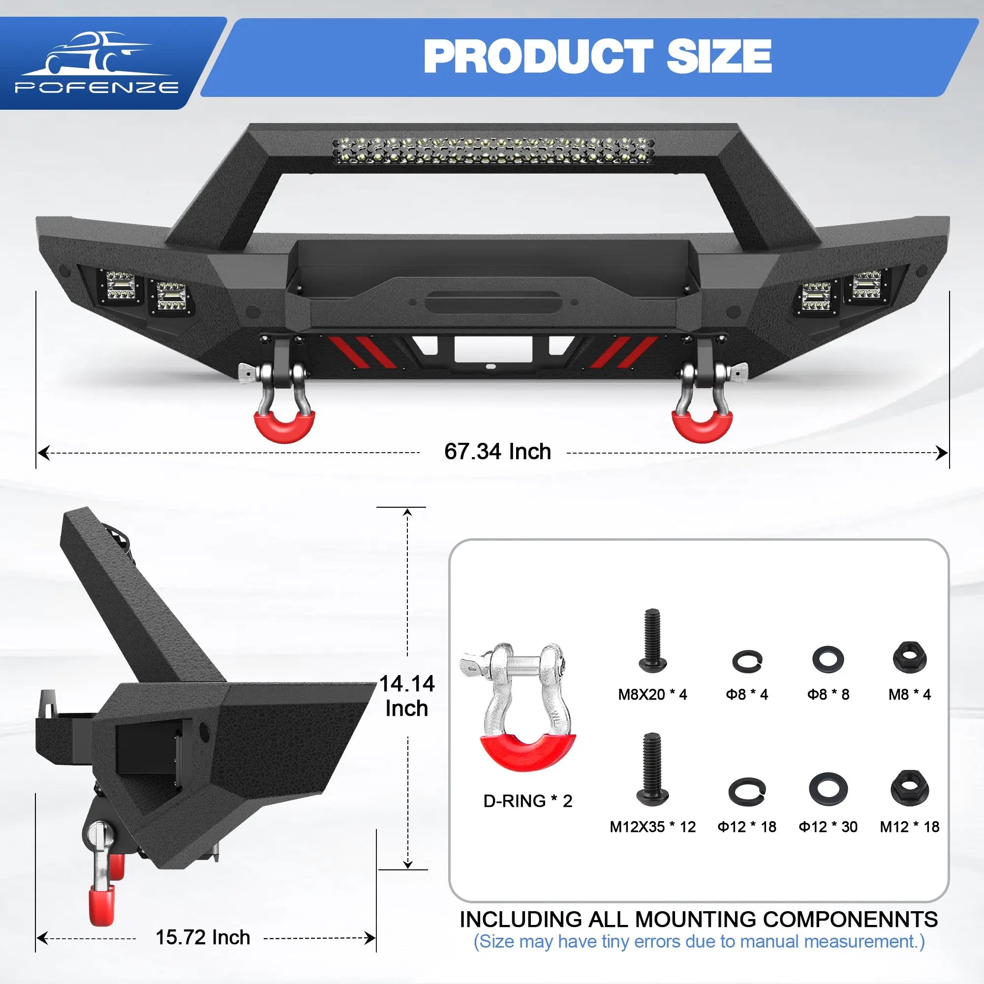 Front Bumper Compatible with Ford Bronco 2021-2024, Textured Black Pickup Truck Bumper for 2021-2024 Ford Bronco, with Winch Plate, Lights & D-rings (Excluding Bronco Sport or Raptor) POFENZE