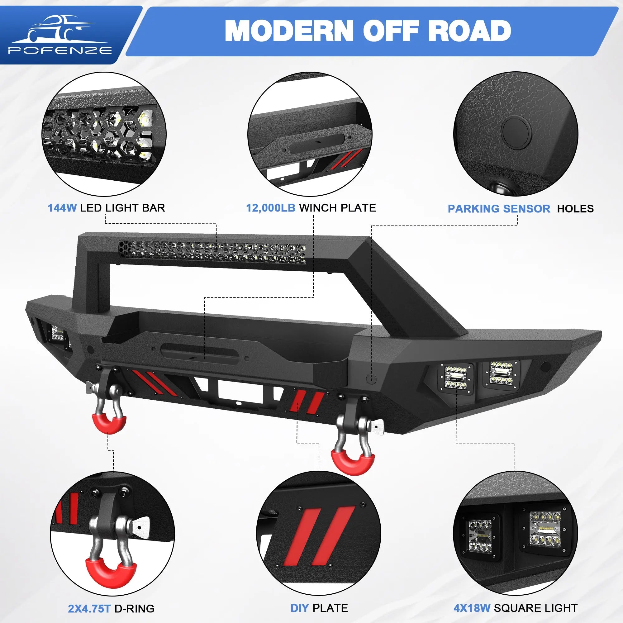 Front Bumper Compatible with Ford Bronco 2021-2024, Textured Black Pickup Truck Bumper for 2021-2024 Ford Bronco, with Winch Plate, Lights & D-rings (Excluding Bronco Sport or Raptor) POFENZE