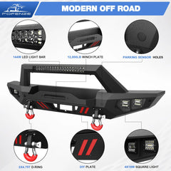 Front Bumper Compatible with Ford Bronco 2021-2024, Textured Black Pickup Truck Bumper for 2021-2024 Ford Bronco, with Winch Plate, Lights & D-rings (Excluding Bronco Sport or Raptor) POFENZE