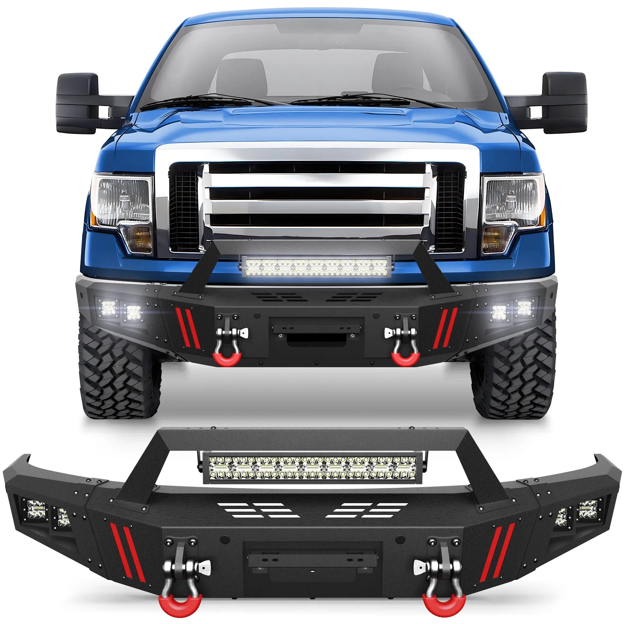 thumbnail interactive-video image 1 of Raptor Style Front Bumper For 2009-2014 Ford F150 – Steel Black With LED Lights – AH 1KPFD1205026 1 of 3