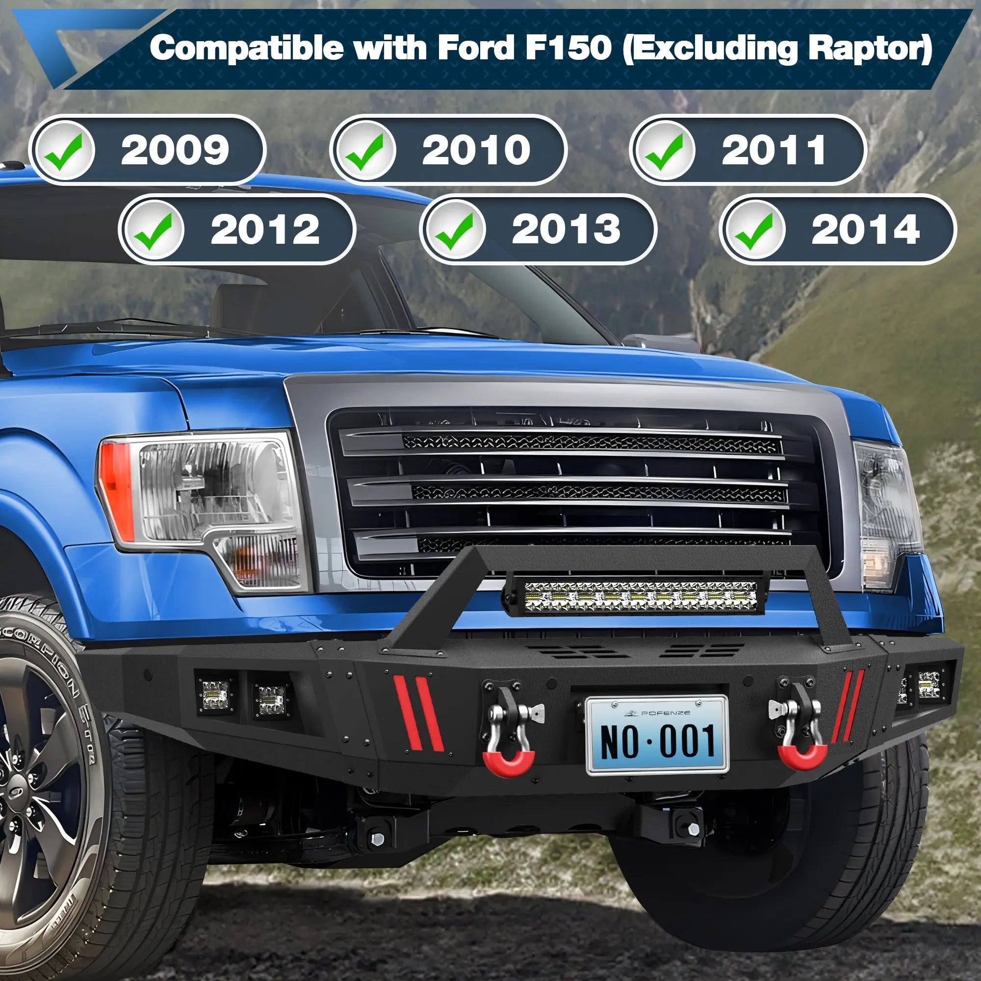 Front Bumper Compatible with Ford F-150 2009-2014, Textured Black Pickup Truck F150 Bumper with Winch Plate, Lights, D-rings, License Plate Bracket (F150, 2009-2014, Excluding Raptor) POFENZE