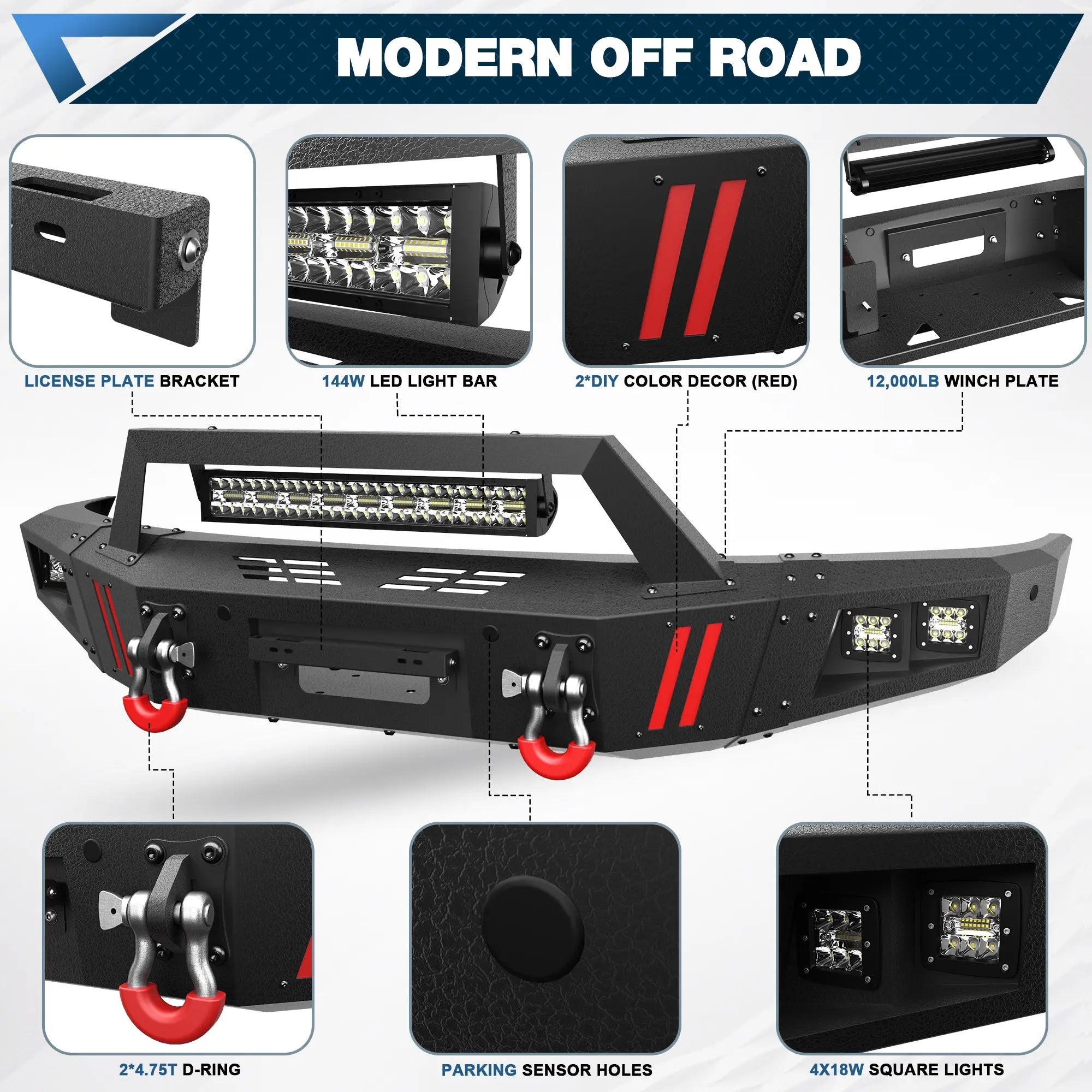 Front Bumper Compatible with Ford F-150 2009-2014, Textured Black Pickup Truck F150 Bumper with Winch Plate, Lights, D-rings, License Plate Bracket (F150, 2009-2014, Excluding Raptor) POFENZE