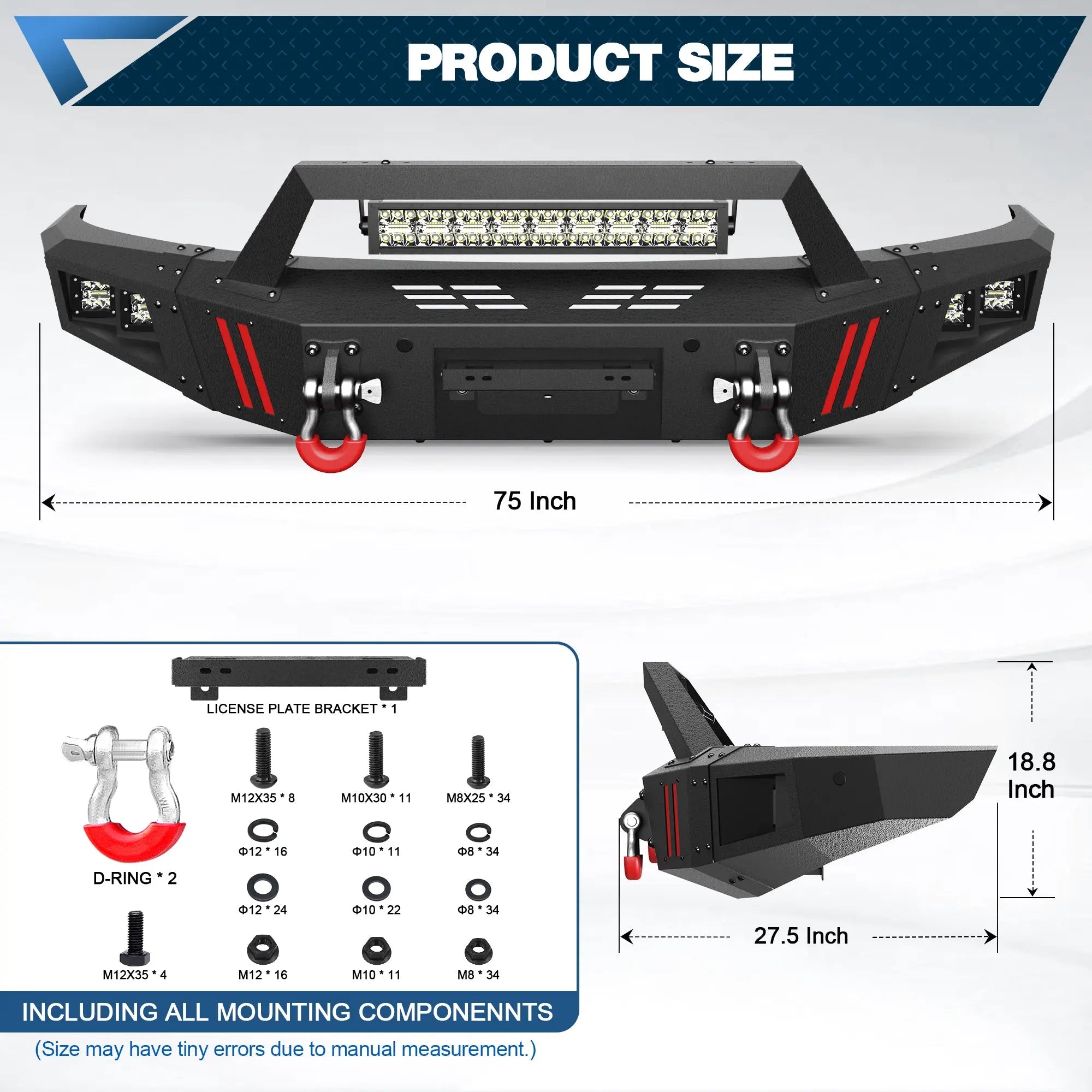 Front Bumper Compatible with Ford F-150 2009-2014, Textured Black Pickup Truck F150 Bumper with Winch Plate, Lights, D-rings, License Plate Bracket (F150, 2009-2014, Excluding Raptor) POFENZE