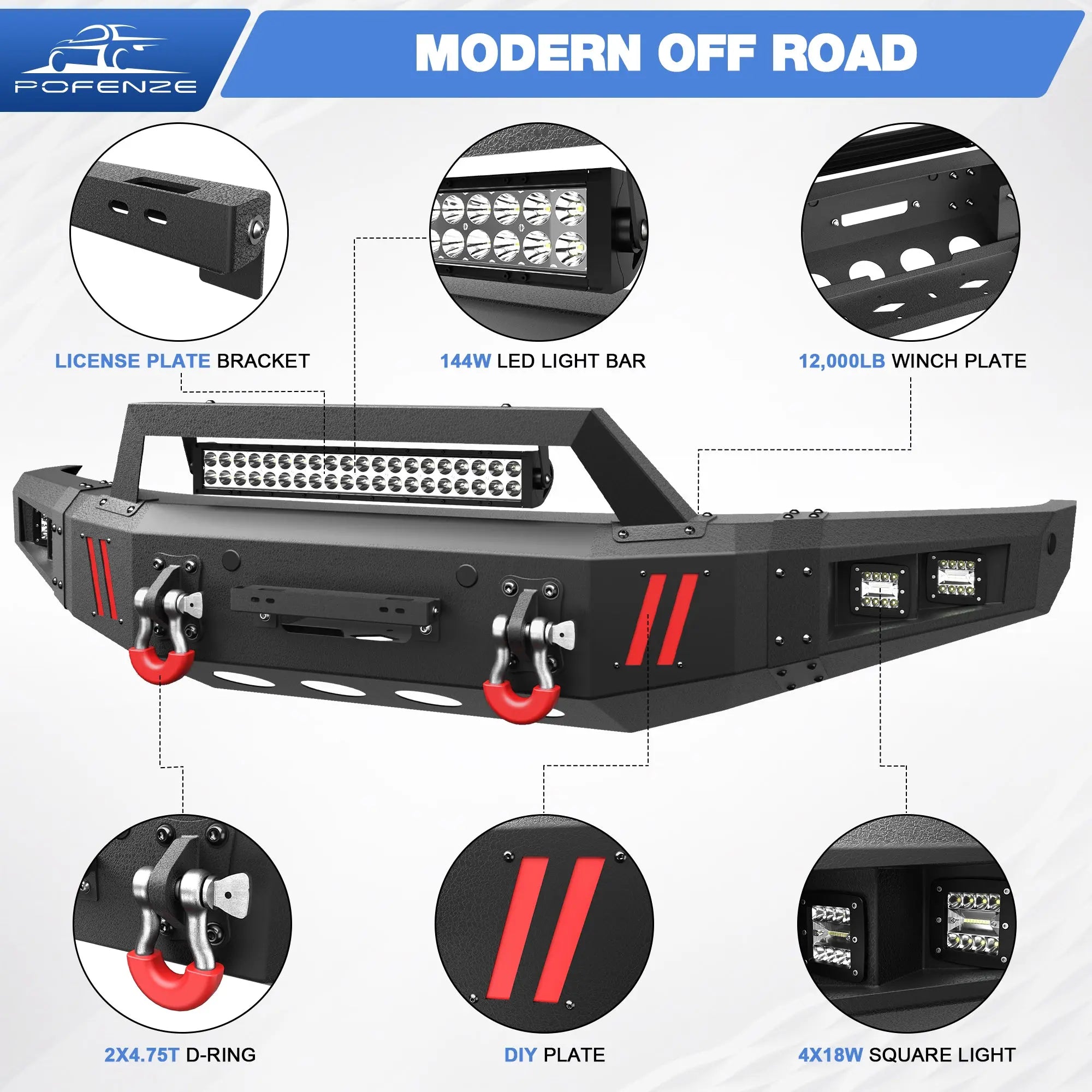 Front Bumper Compatible with Ford F-150 2015 2016 2017, Textured Black Pickup Truck F150 Bumper w/Winch Plate, Lights, D-rings, License Plate Plate, Sensor Holes (Excluding Raptor & Ecoboost) POFENZE