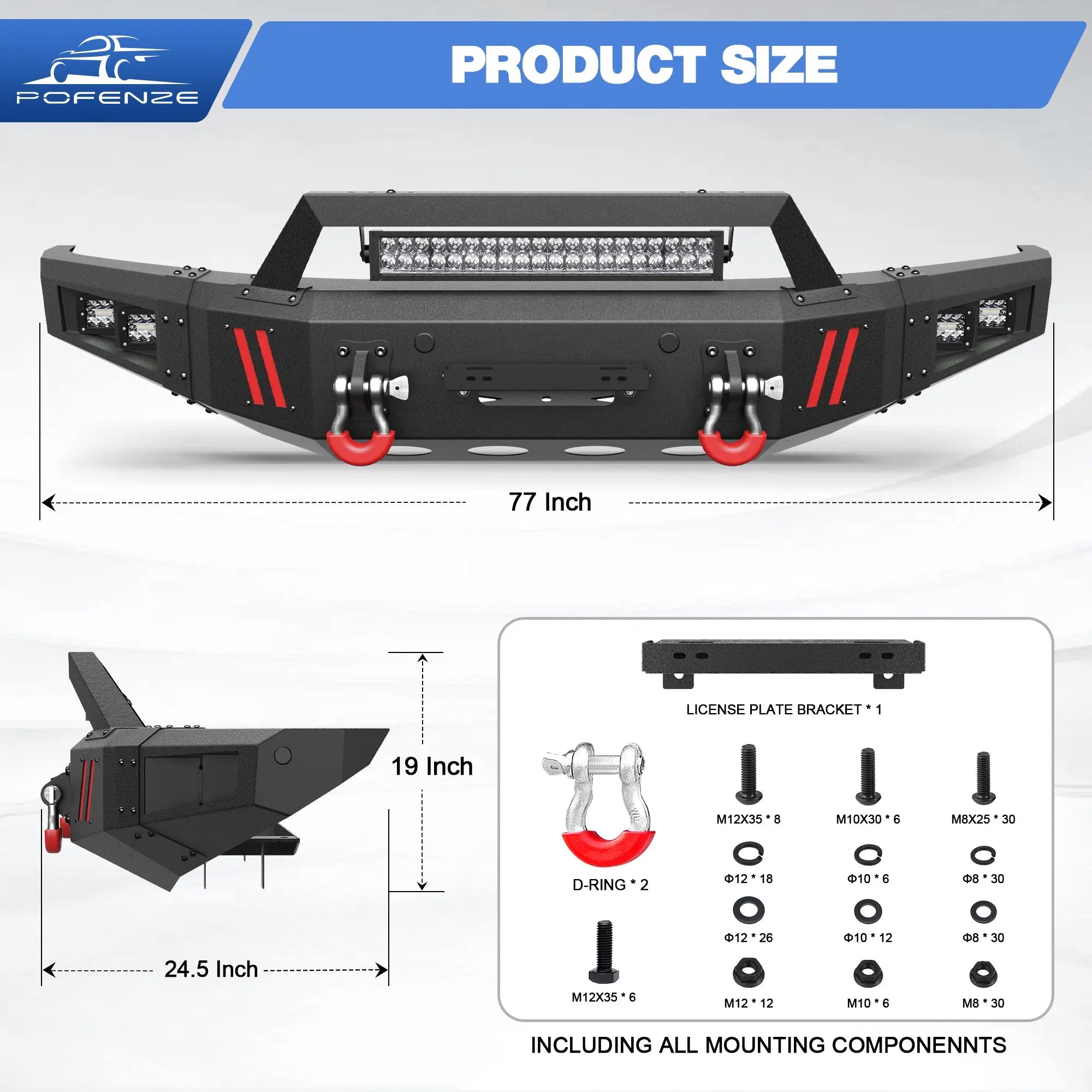 Front Bumper Compatible with Ford F-150 2015 2016 2017, Textured Black Pickup Truck F150 Bumper w/Winch Plate, Lights, D-rings, License Plate Plate, Sensor Holes (Excluding Raptor & Ecoboost) POFENZE