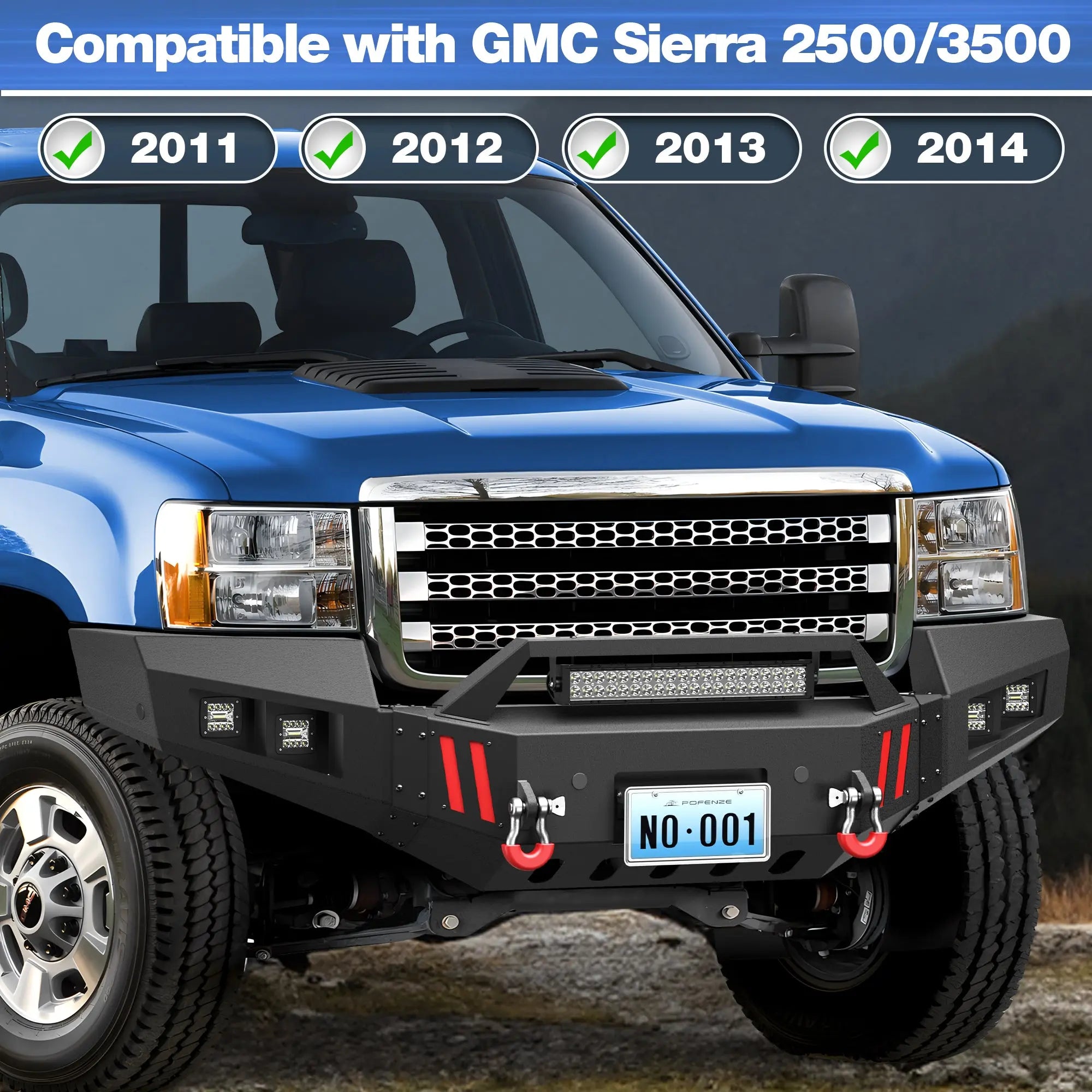 Front Bumper Compatible with GMC Sierra 2500/3500 HD 2011-2014, Textured Black Pickup Truck Bumper for 2011-2014 GMC Sierra 2500 3500, with Winch Plate, Lights and D-rings POFENZE