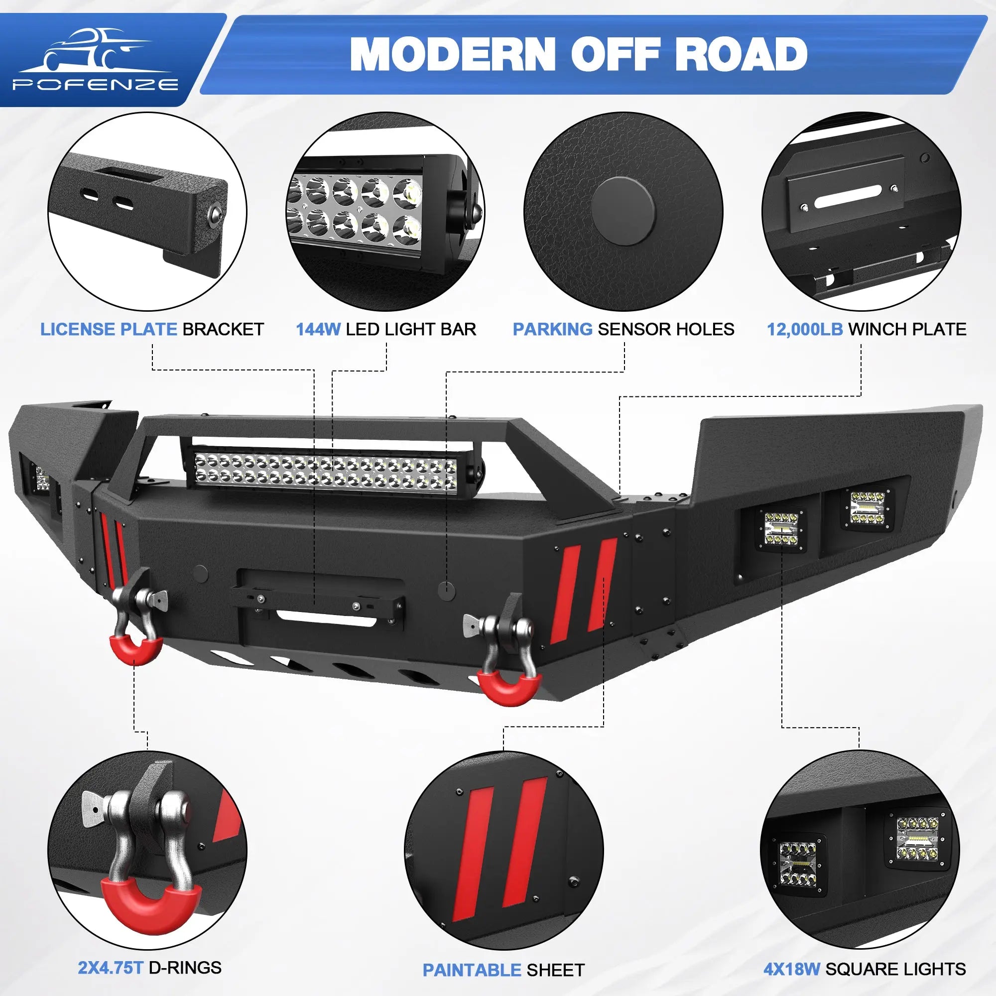 Front Bumper Compatible with GMC Sierra 2500/3500 HD 2011-2014, Textured Black Pickup Truck Bumper for 2011-2014 GMC Sierra 2500 3500, with Winch Plate, Lights and D-rings POFENZE